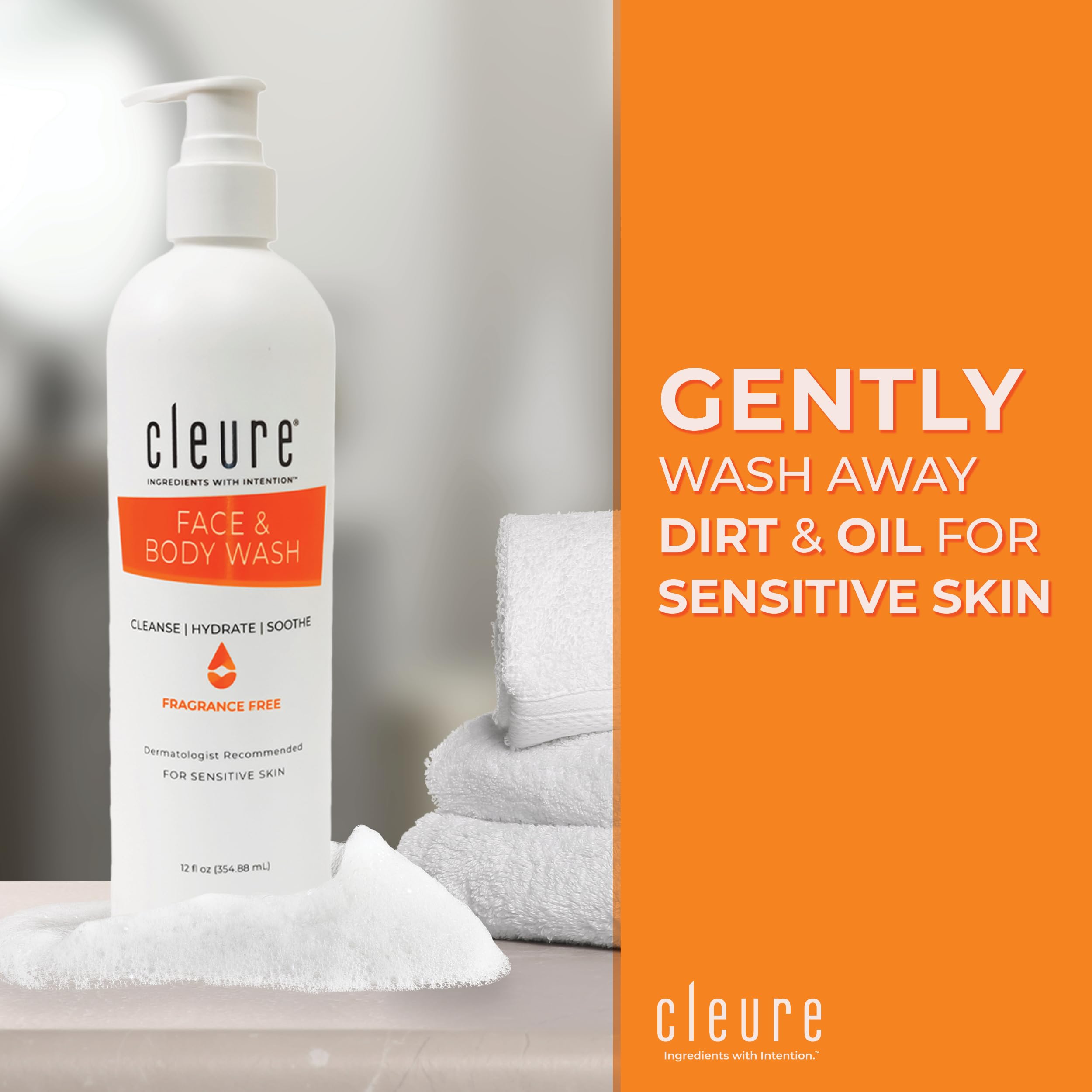 Cleure Face & Body Cleanser – Hypoallergenic, Fragrance-Free, pH-Balanced, 12 oz (2-Pack)