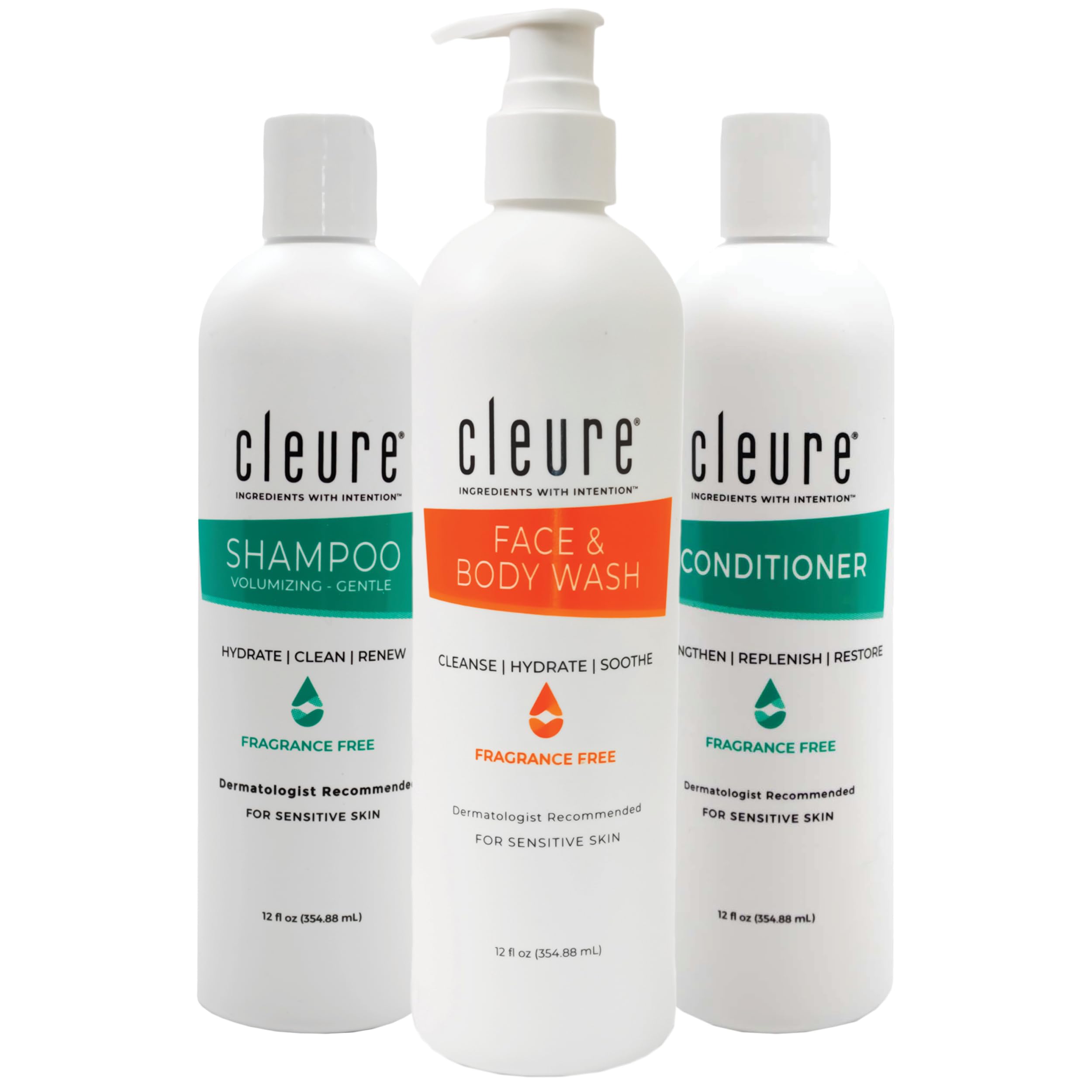 Cleure Fragrance Free 3-Piece Shower Set | Hypoallergenic Shampoo, Conditioner & Body Wash