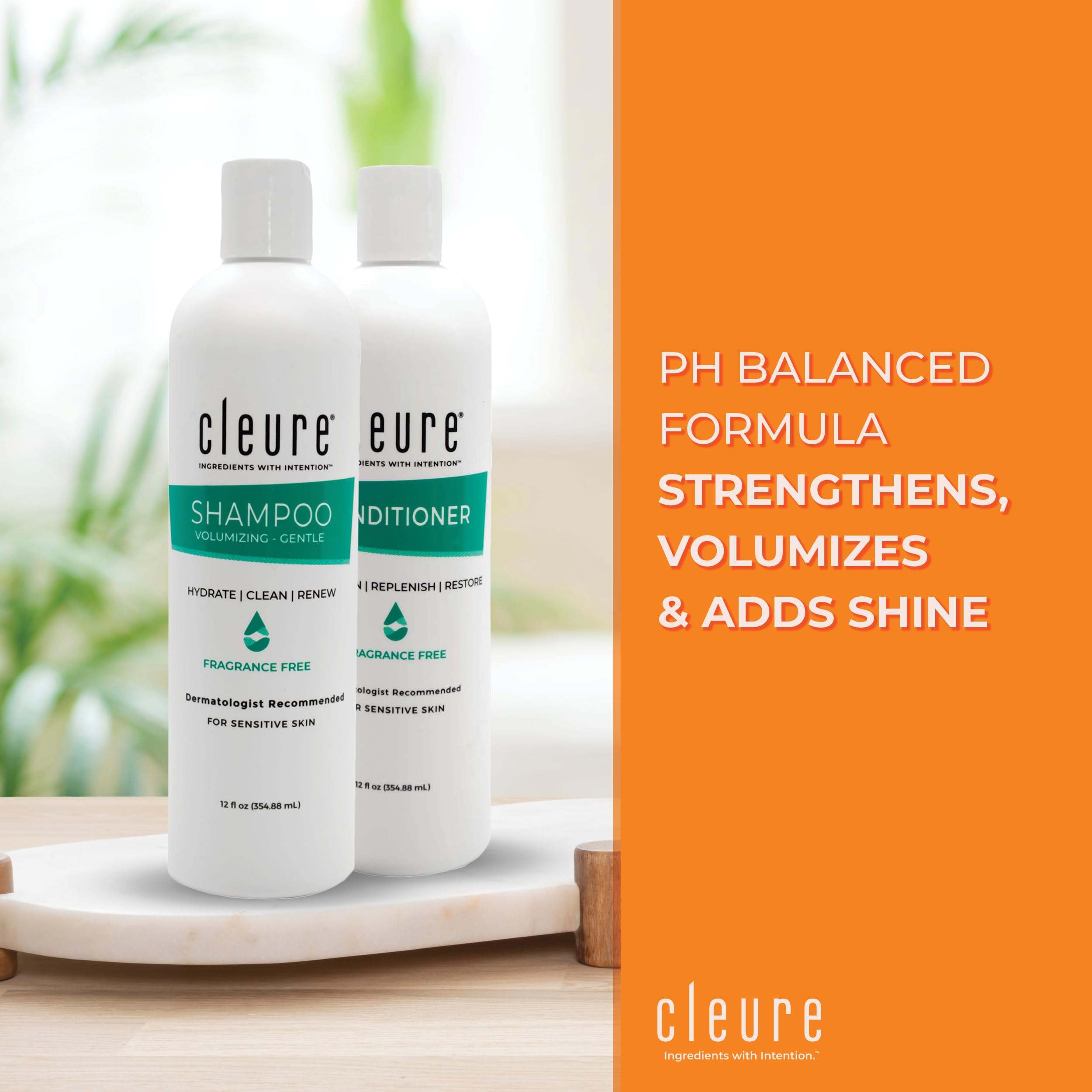 Cleure Hypoallergenic Volumizing Shampoo for Sensitive Skin – Fragrance Free, SLS & Paraben Free (12 oz, Pack of 2)