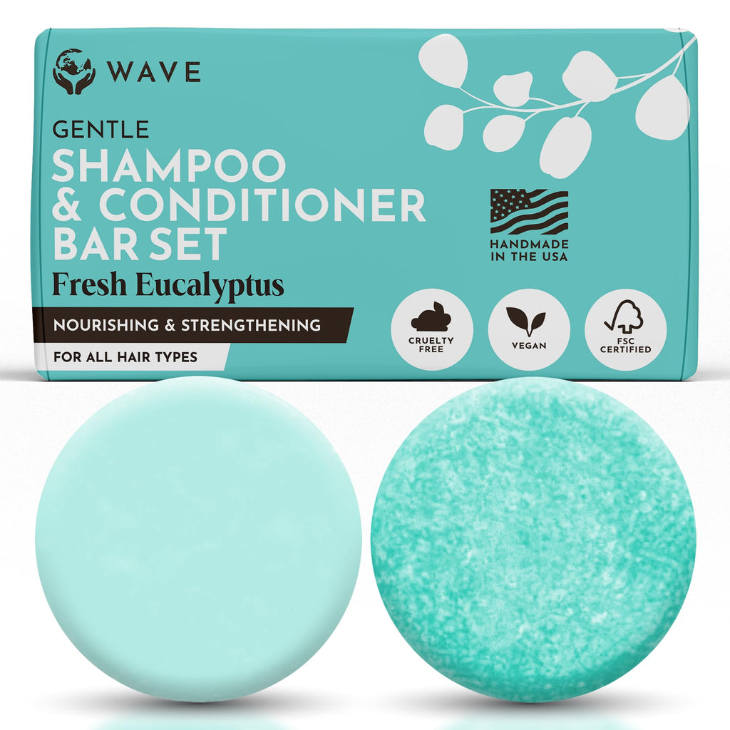 Clever Yoga Wave Eucalyptus Oil Shampoo & Conditioner Bar Set – Organic Vegan, Long-Lasting (80–120 Uses)
