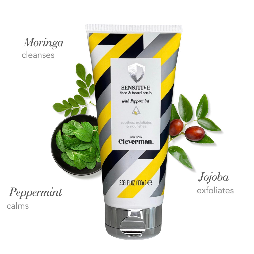 Cleverman Sensitive Face & Beard Scrub for Men – Peppermint Exfoliator, 100ml
