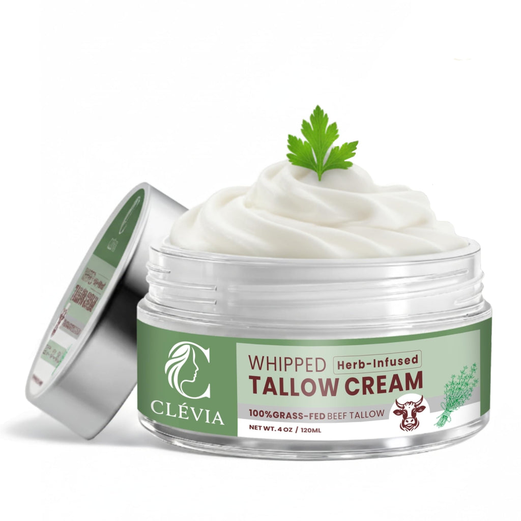 CLÉVIA 100% Grass-Fed Whipped Tallow Cream – Unscented 4 oz Face & Body Balm with Jojoba