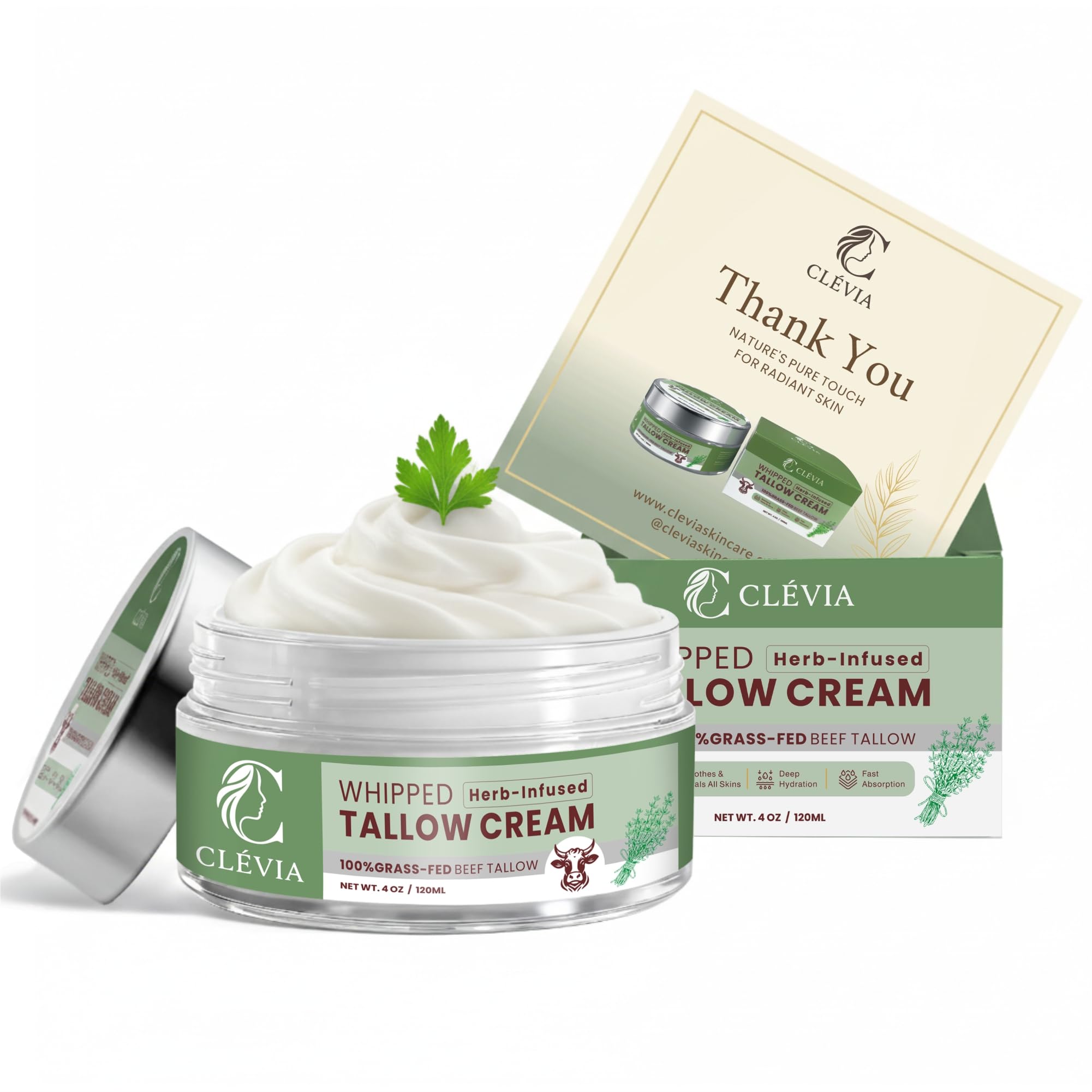 CLÉVIA 100% Grass-Fed Whipped Tallow Cream – Unscented 4 oz Face & Body Balm with Jojoba