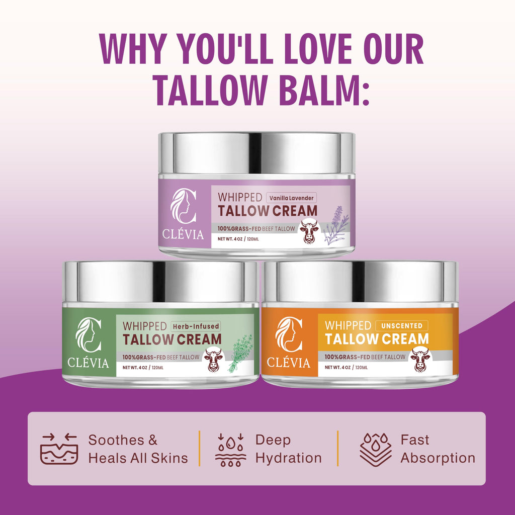 CLÉVIA 100% Grass-Fed Whipped Tallow Cream – Unscented 4 oz Face & Body Balm with Jojoba