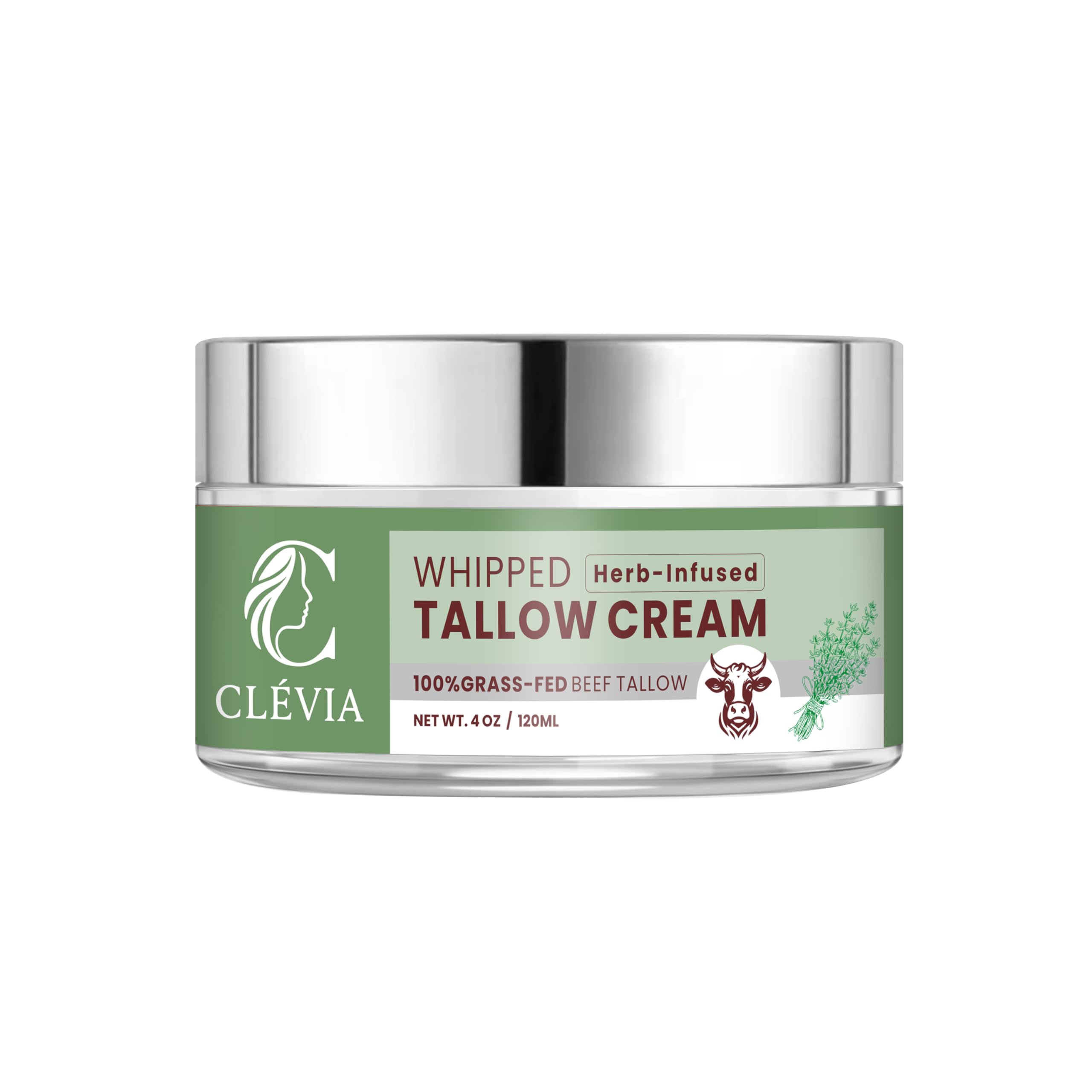 CLÉVIA 100% Grass-Fed Whipped Tallow Cream – Unscented 4 oz Face & Body Balm with Jojoba