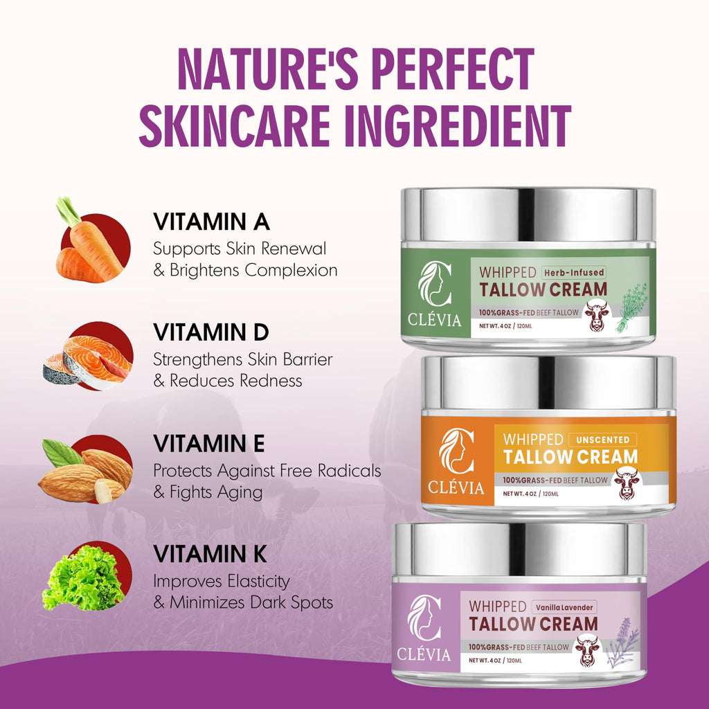CLÉVIA 100% Grass-Fed Whipped Tallow Cream – Unscented 4 oz Face & Body Balm with Jojoba