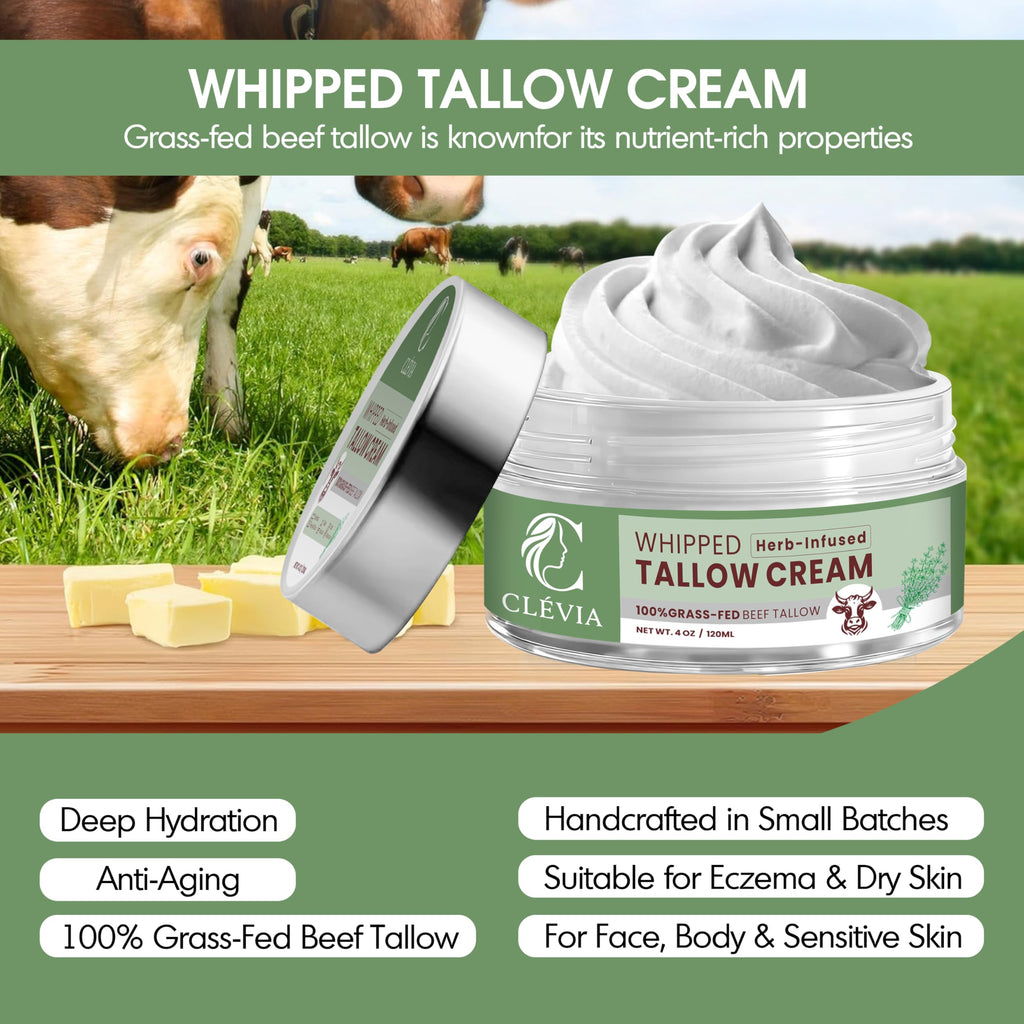 CLÉVIA 100% Grass-Fed Whipped Tallow Cream – Unscented 4 oz Face & Body Balm with Jojoba