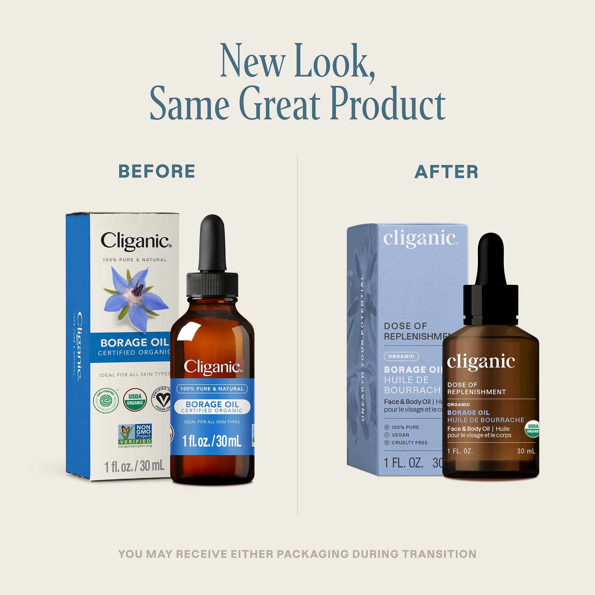 Cliganic Organic Borage Seed Oil for Face — 100% Pure, Cold-Pressed, Non-GMO (1 oz)