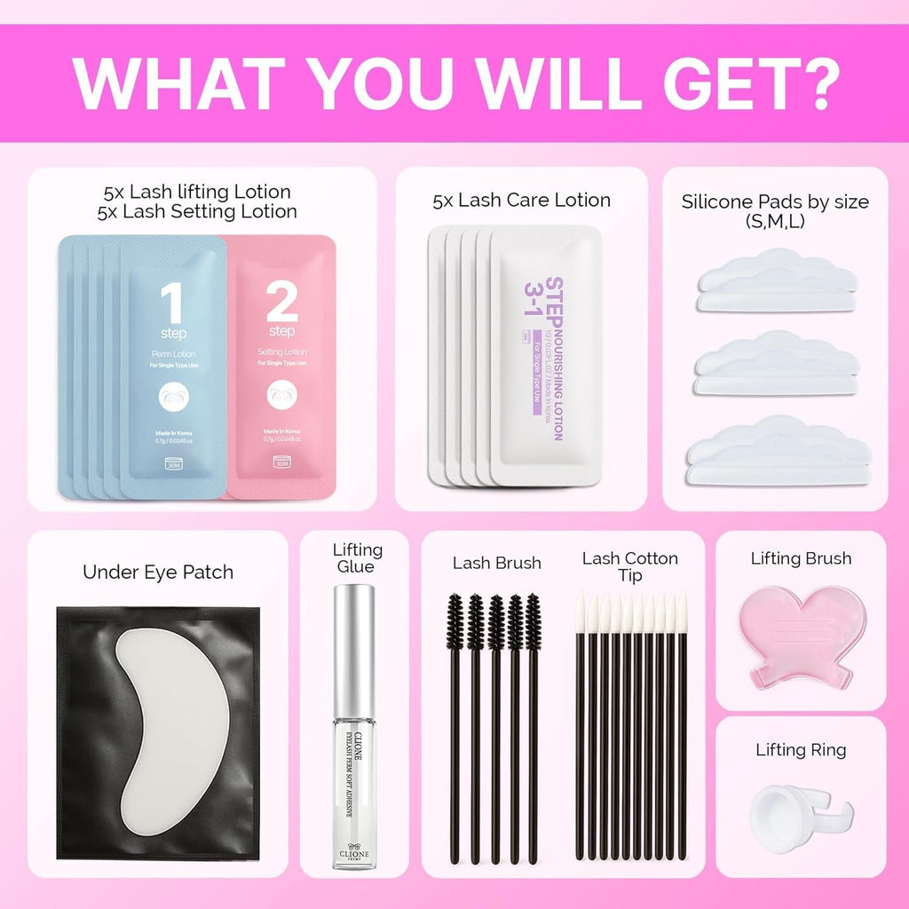 CLIONE PRIME Korean Lash Lift Kit – 5 At-Home Lash Perm Sets with Upgraded Glue