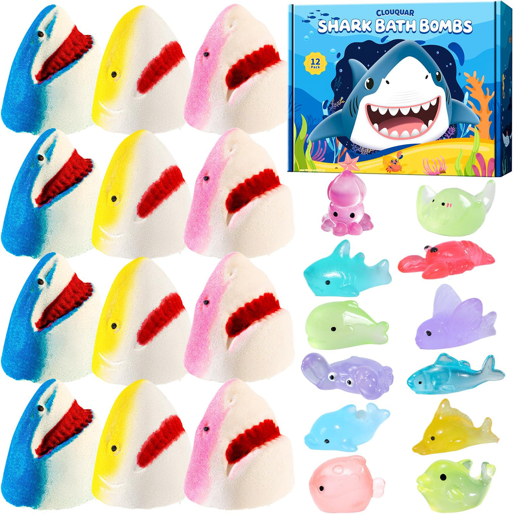 CLOUQUAR Shark Bath Bombs for Kids – 12-Pack with Glow-in-The-Dark Toys