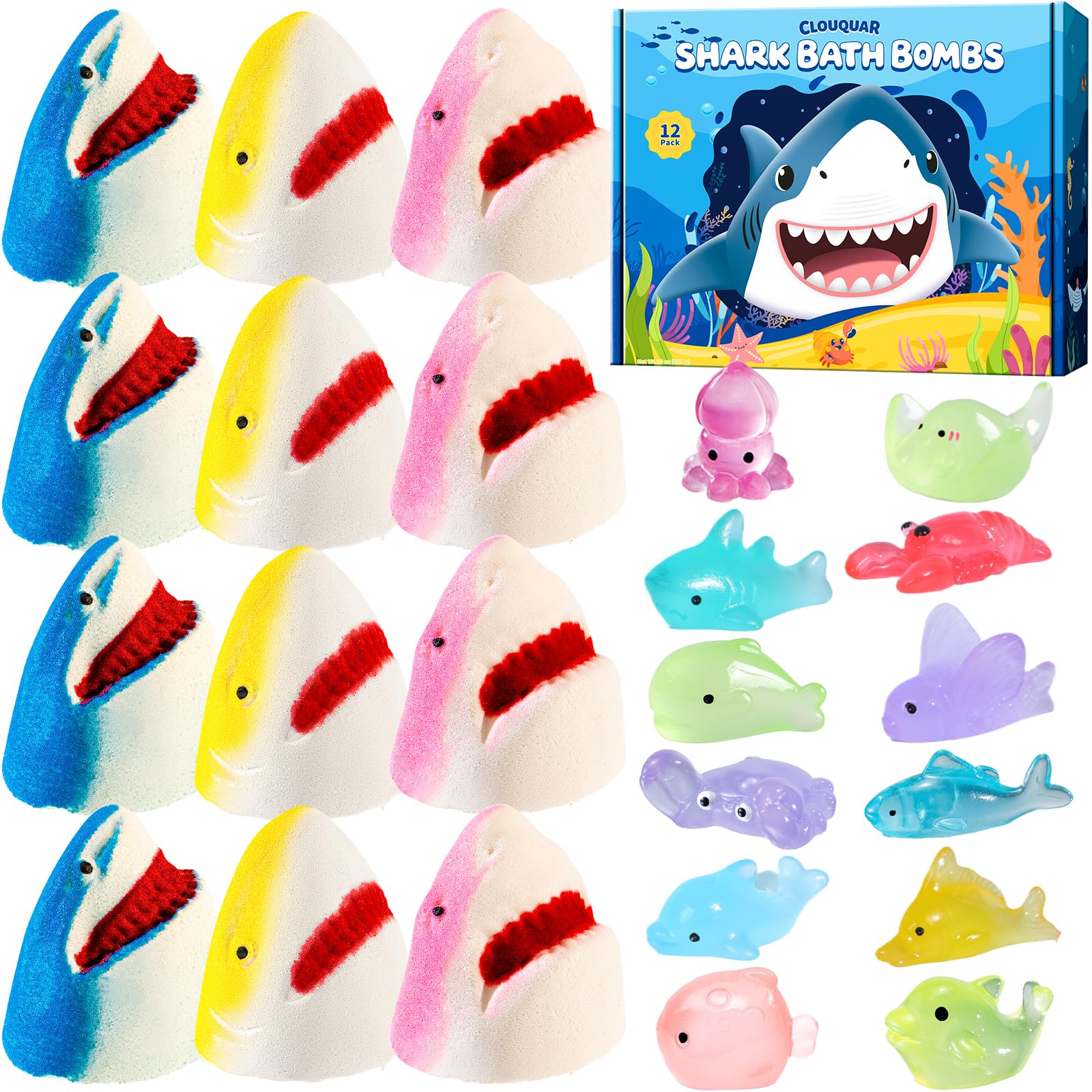 CLOUQUAR Shark Bath Bombs for Kids – 12-Pack with Glow-in-The-Dark Toys