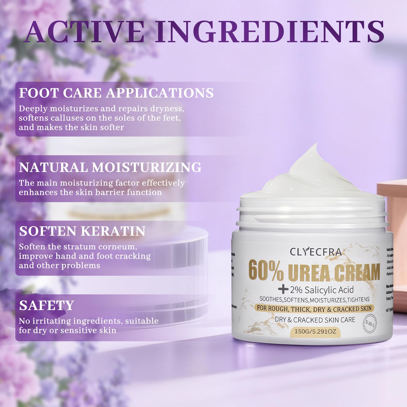 Clyecfra 5-in-1 60% Urea Cream with 2% Salicylic Acid – Maximum Strength Moisturizer for Feet & Hands (150g)