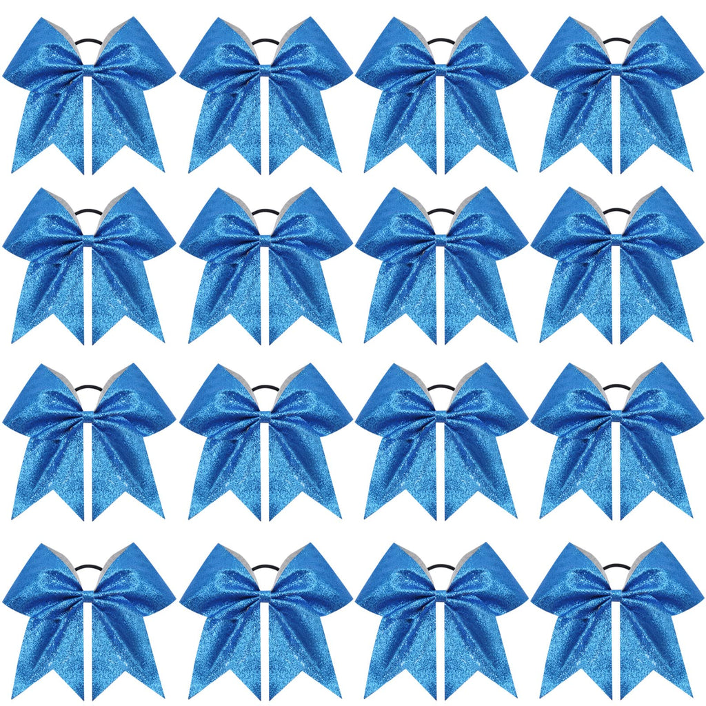 CN 16-Piece 8-Inch Glitter Cheer Bows – Large Blue Sparkly Hair Bows with Elastic Ties