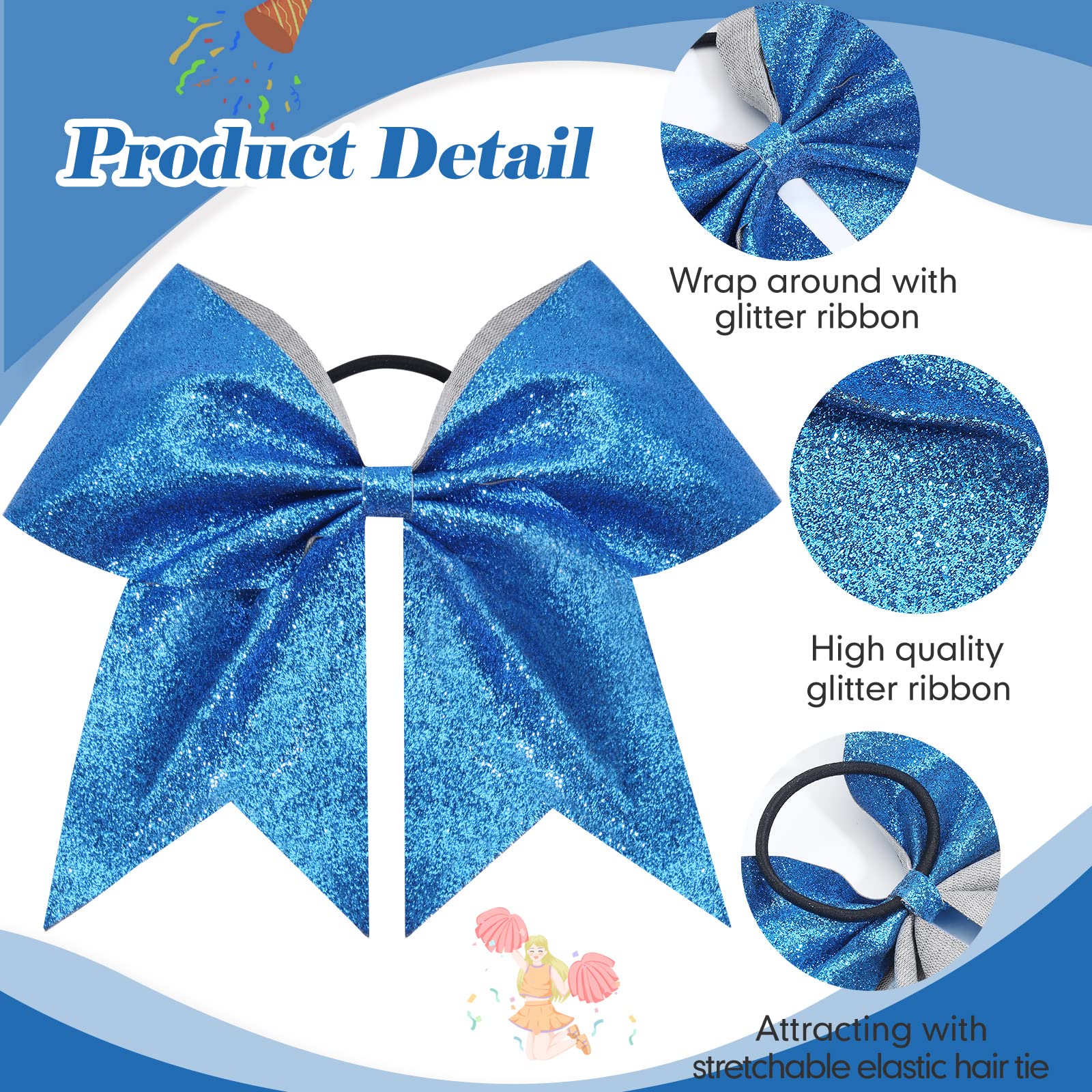 CN 16-Piece 8-Inch Glitter Cheer Bows – Large Blue Sparkly Hair Bows with Elastic Ties