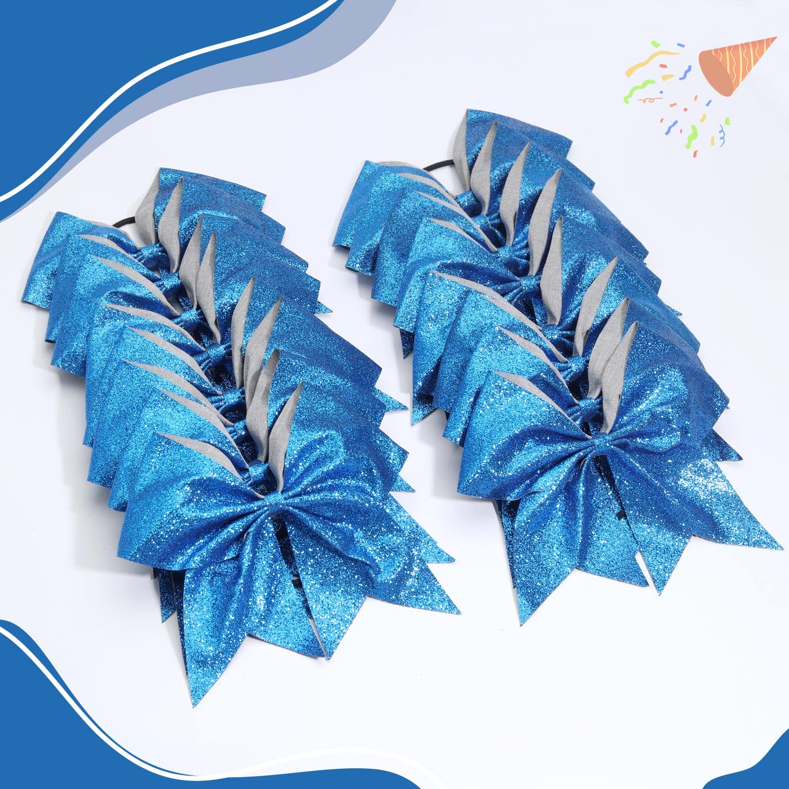 CN 16-Piece 8-Inch Glitter Cheer Bows – Large Blue Sparkly Hair Bows with Elastic Ties