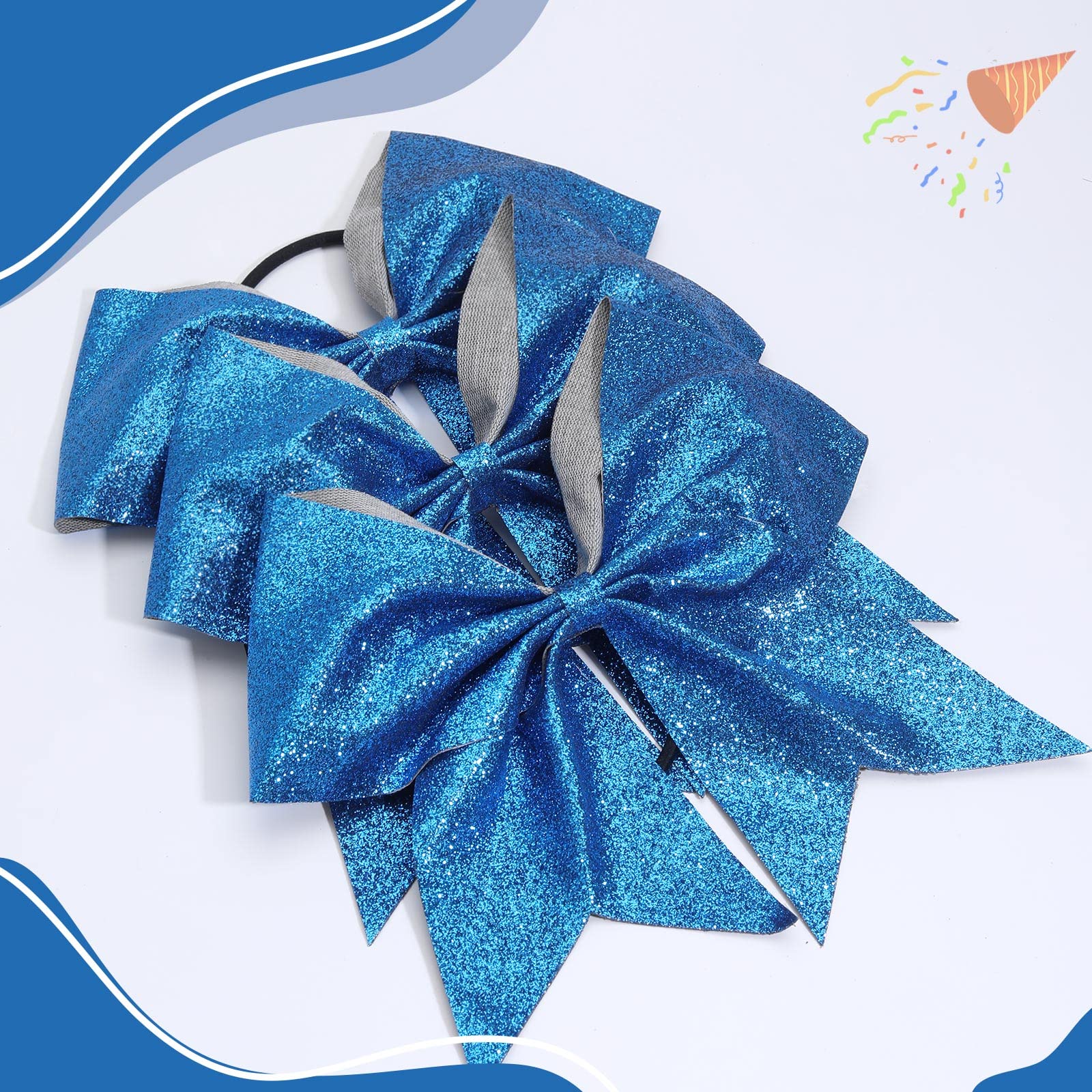 CN 16-Piece 8-Inch Glitter Cheer Bows – Large Blue Sparkly Hair Bows with Elastic Ties