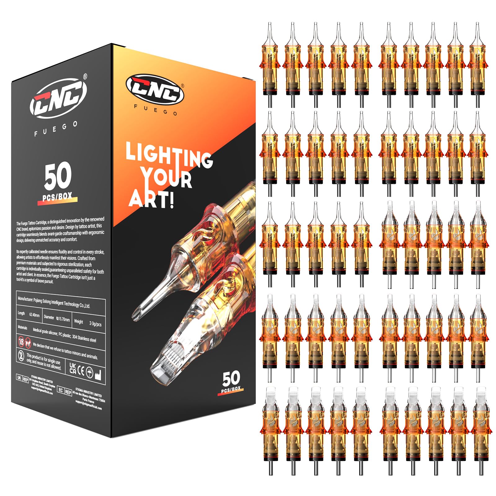 CNC Tattoo Needle Cartridges 50pcs – Mixed RL & RM Tips (#10 Bugpin), EN09-50KIT-K