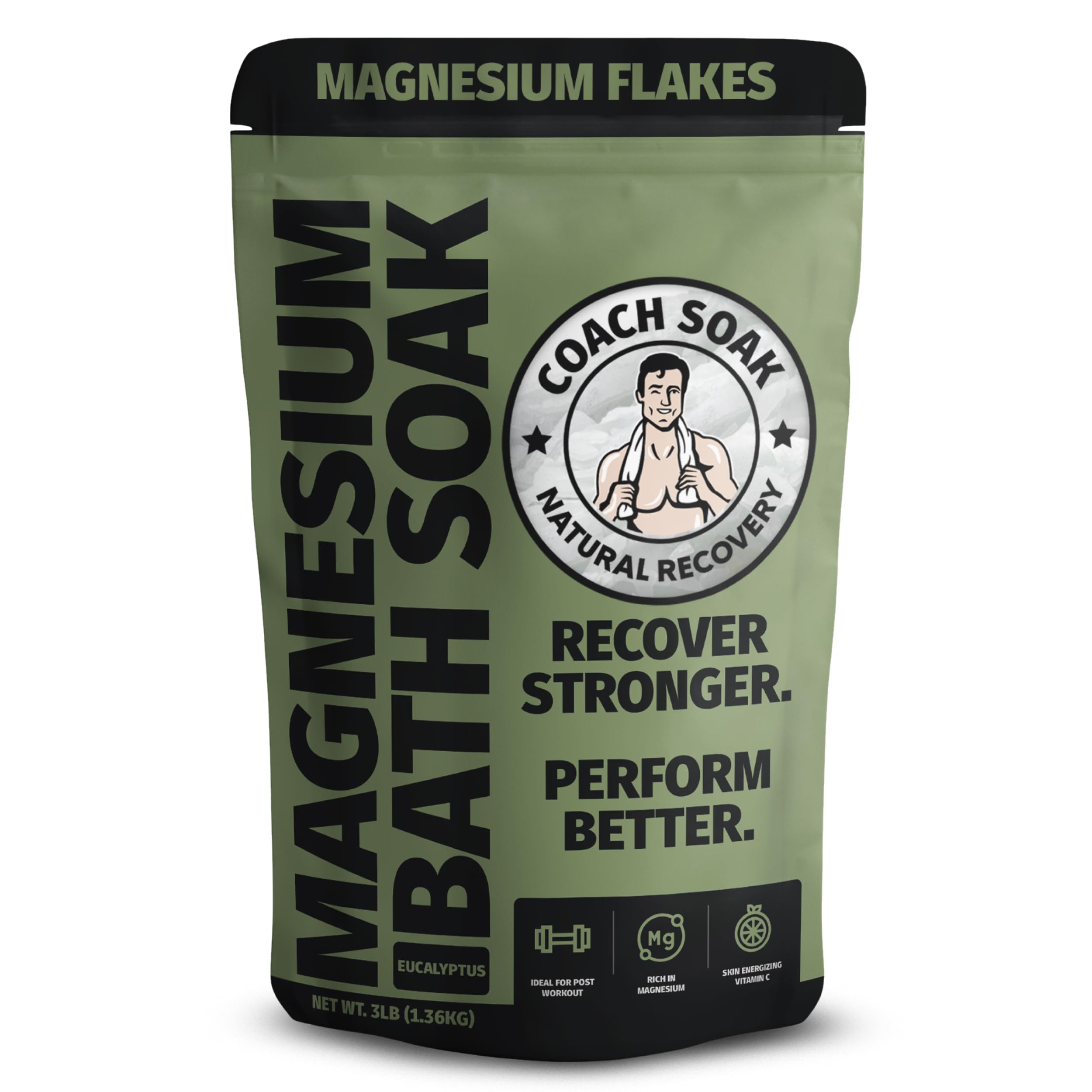 Coach Soak Recovery Bath Soak – Pure Magnesium Flakes & Dead Sea Salt, 3 lb, Eucalyptus & Tea Tree