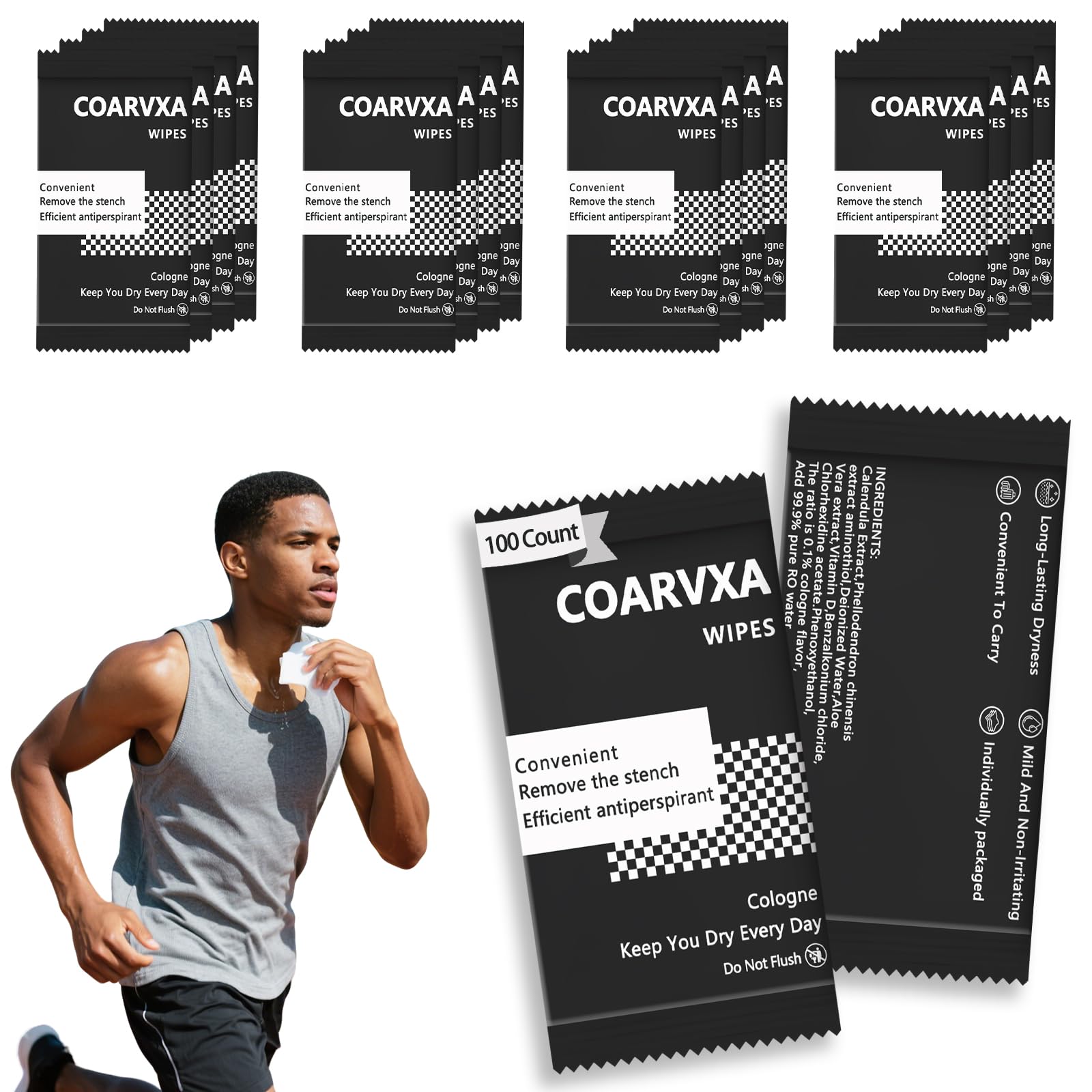 COARVXA Black Cologne Body Wipes – 100 Count, Individually Wrapped Deodorant Wipes