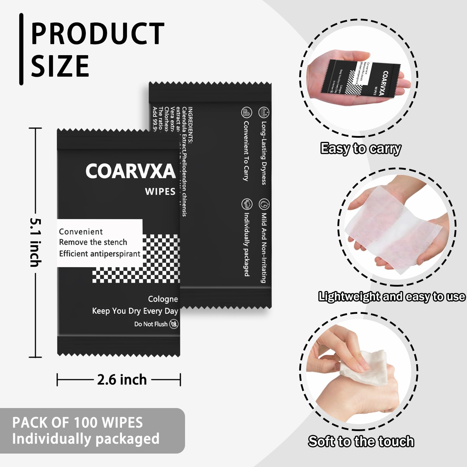COARVXA Black Cologne Body Wipes – 100 Count, Individually Wrapped Deodorant Wipes