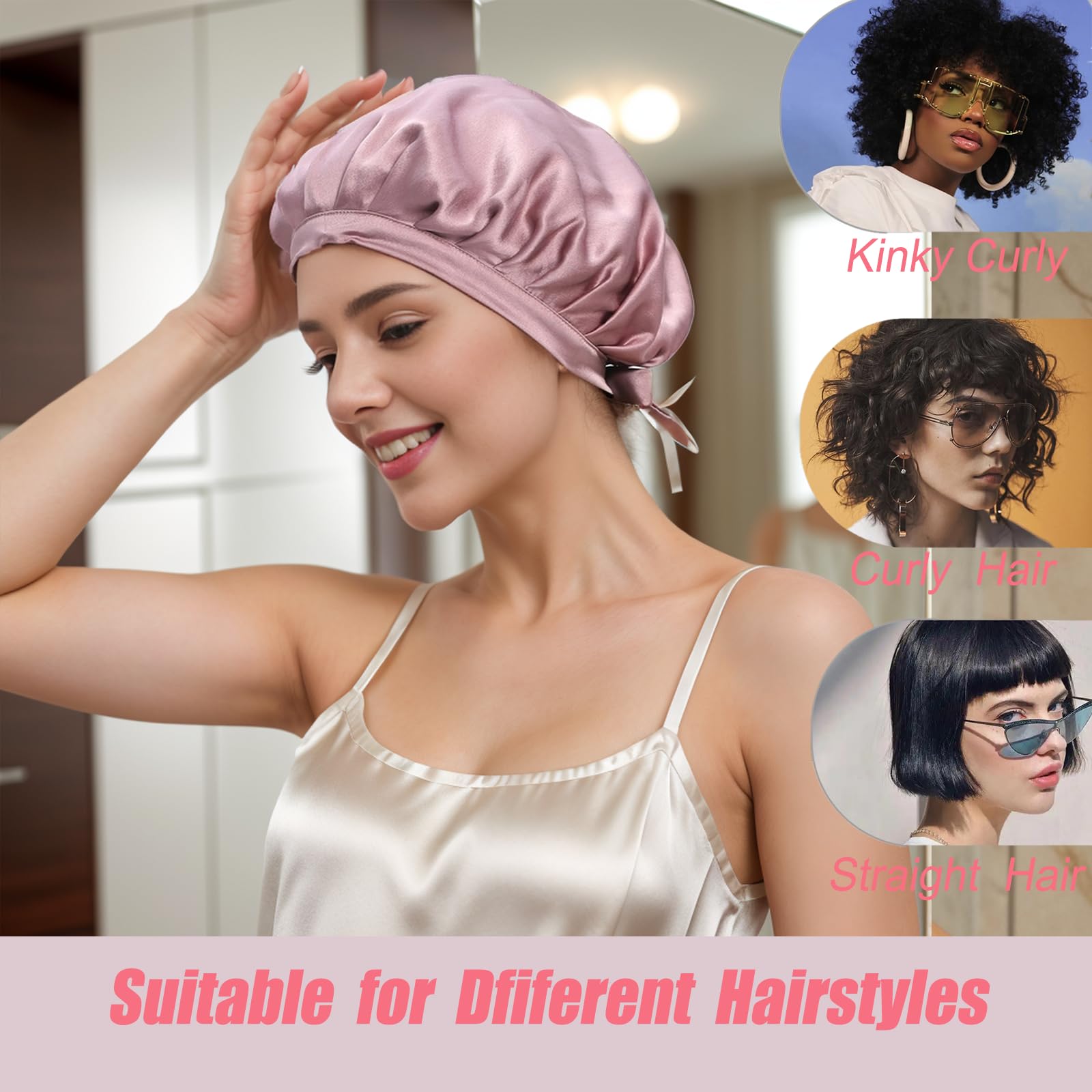 Cocheng Mulberry Silk Bonnet - Double-Sided Sleep Cap with Adjustable Ribbon, 19 Momme, Bean Pink
