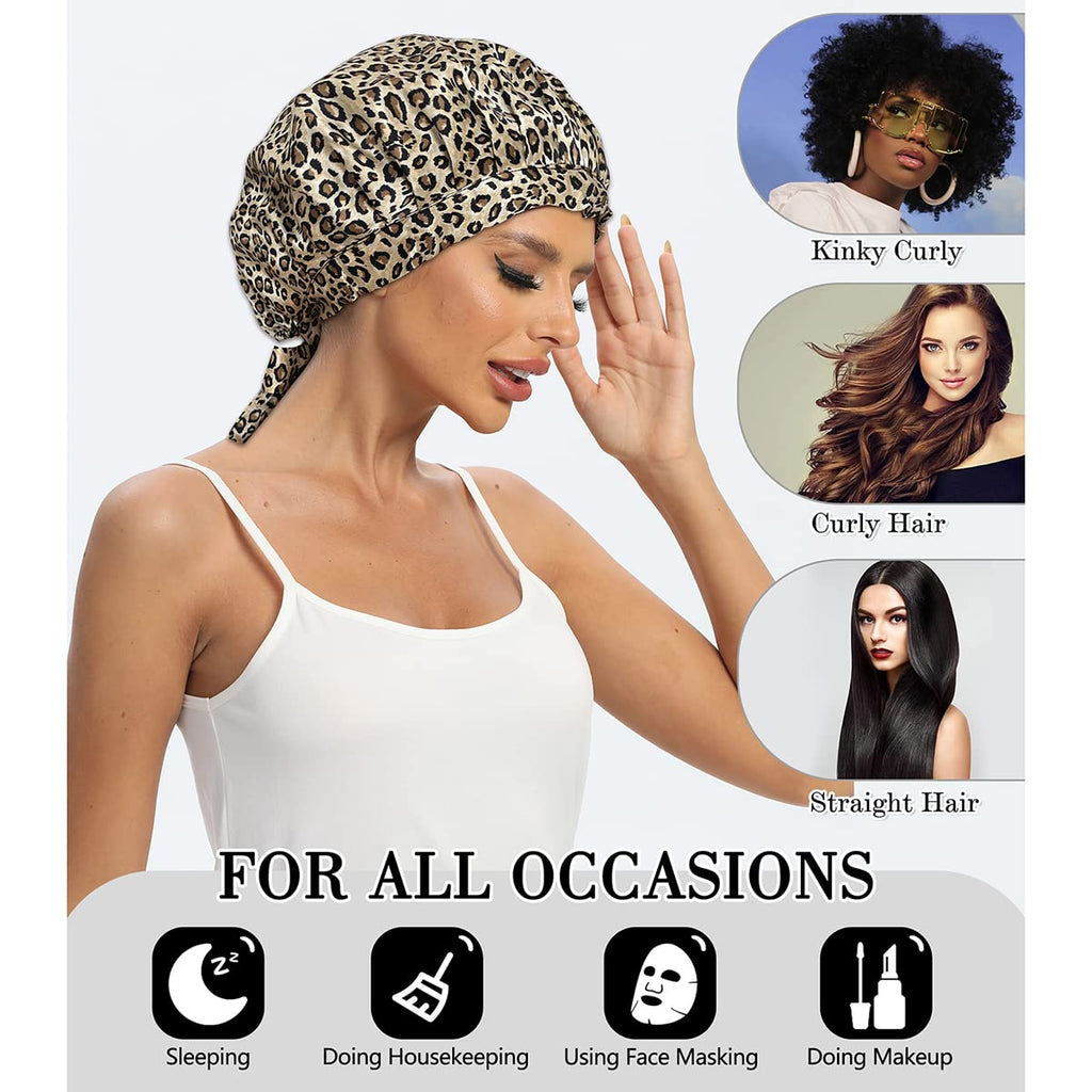 Cocheng 100% Mulberry Silk Bonnet for Sleeping — Leopard, 19 Momme, Adjustable Tie