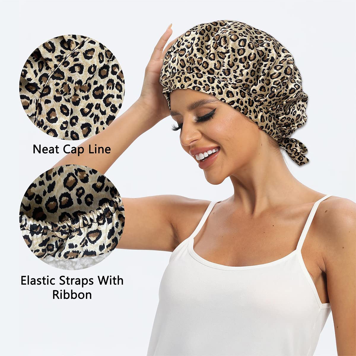 Cocheng 100% Mulberry Silk Bonnet for Sleeping — Leopard, 19 Momme, Adjustable Tie