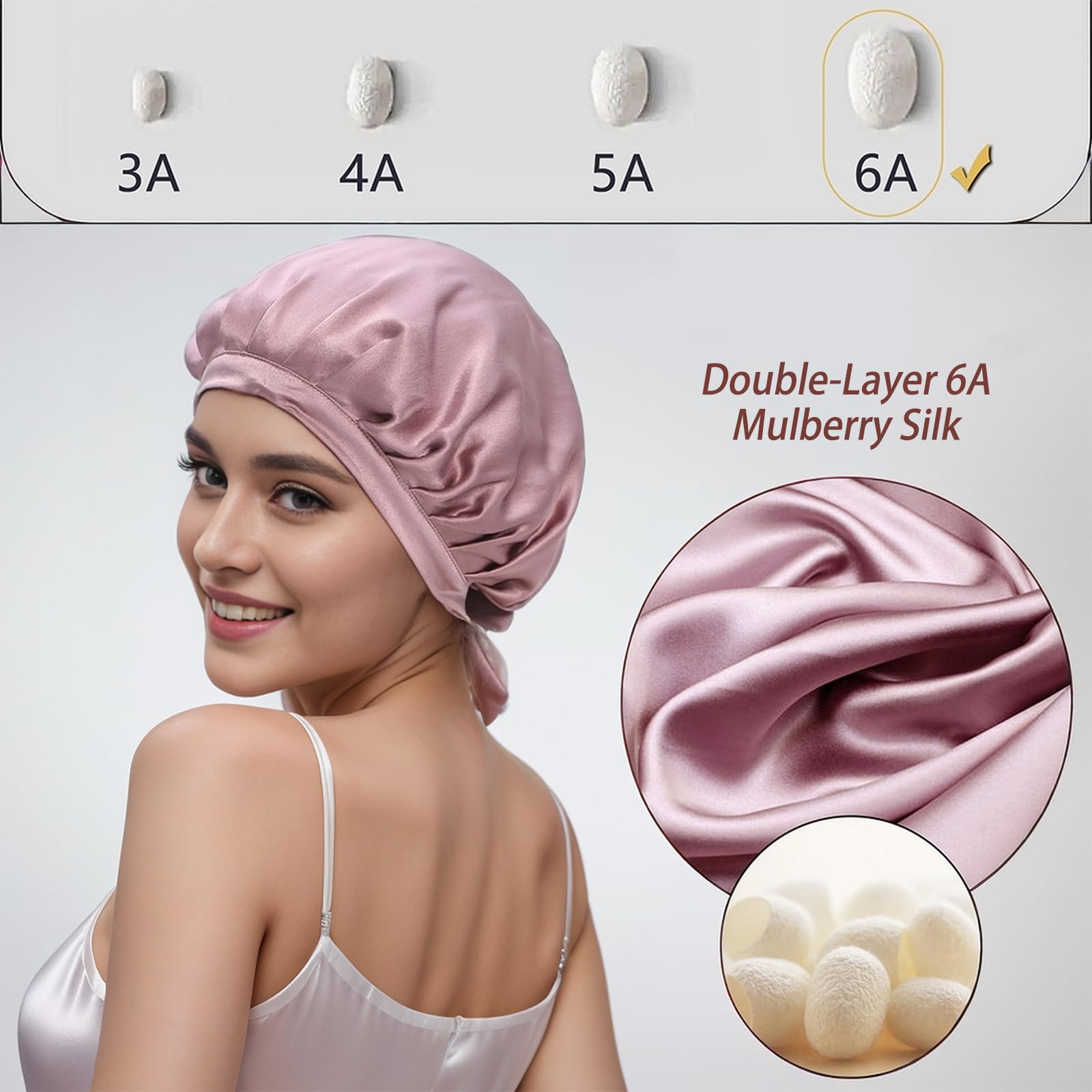 Cocheng Mulberry Silk Bonnet - Double-Sided Sleep Cap with Adjustable Ribbon, 19 Momme, Bean Pink