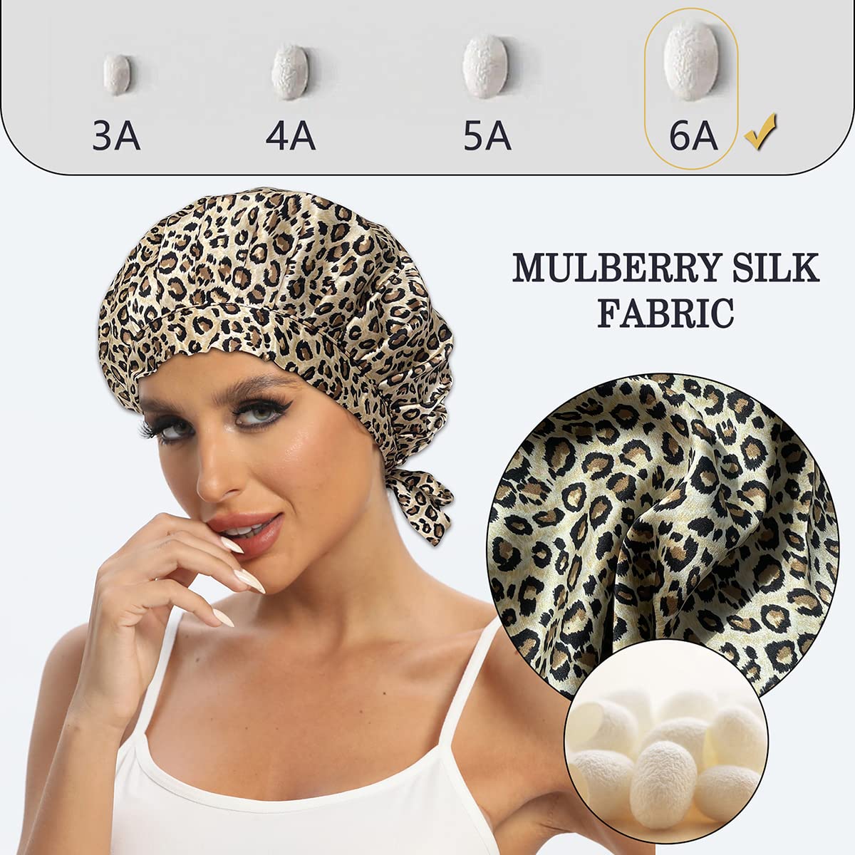 Cocheng 100% Mulberry Silk Bonnet for Sleeping — Leopard, 19 Momme, Adjustable Tie