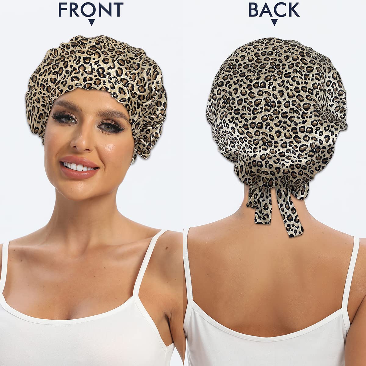 Cocheng 100% Mulberry Silk Bonnet for Sleeping — Leopard, 19 Momme, Adjustable Tie