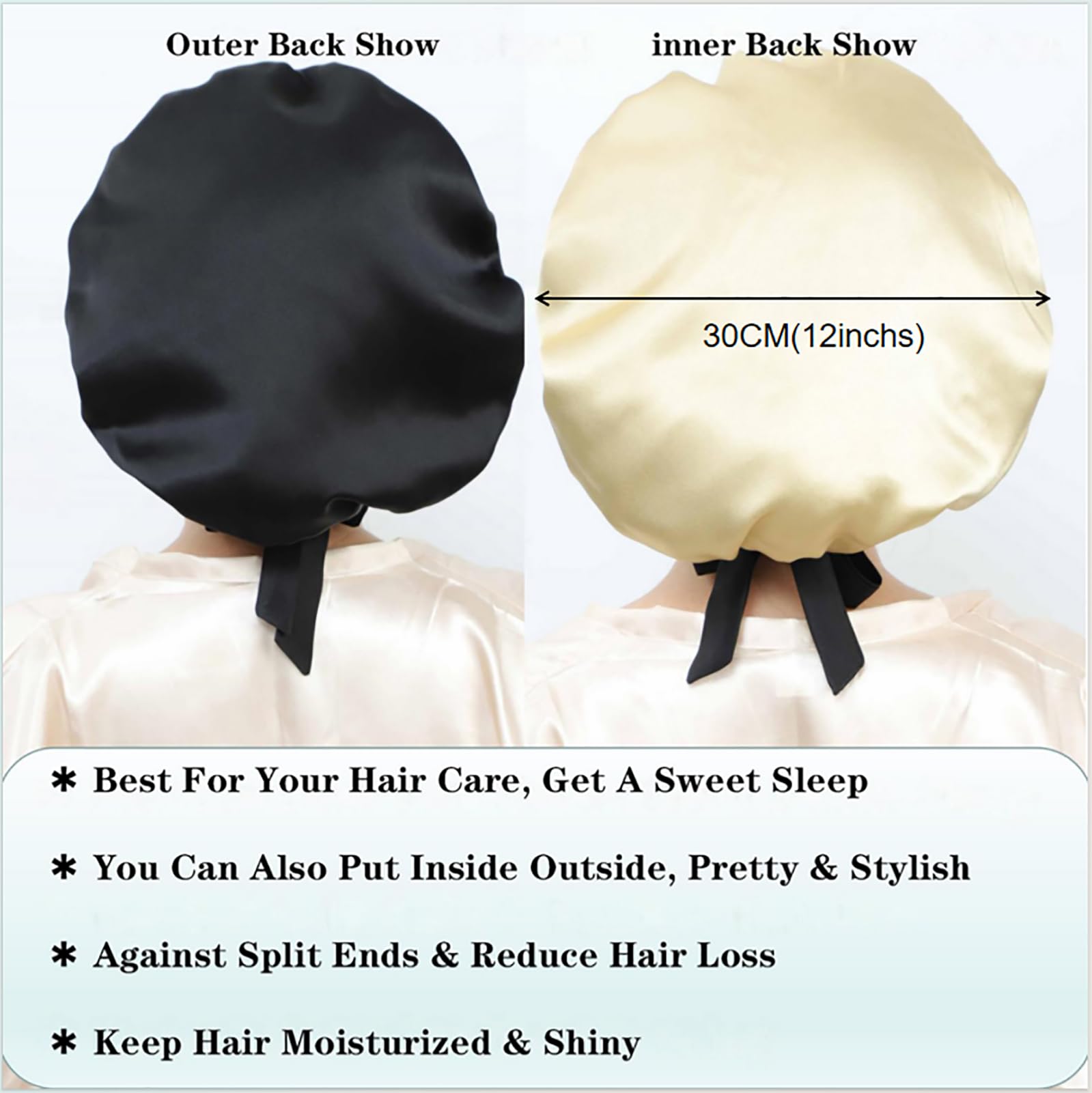 Cocheng 100% Mulberry Silk Bonnet - Double-Sided Sleep Cap with Adjustable Ribbon (19 Momme, Black)
