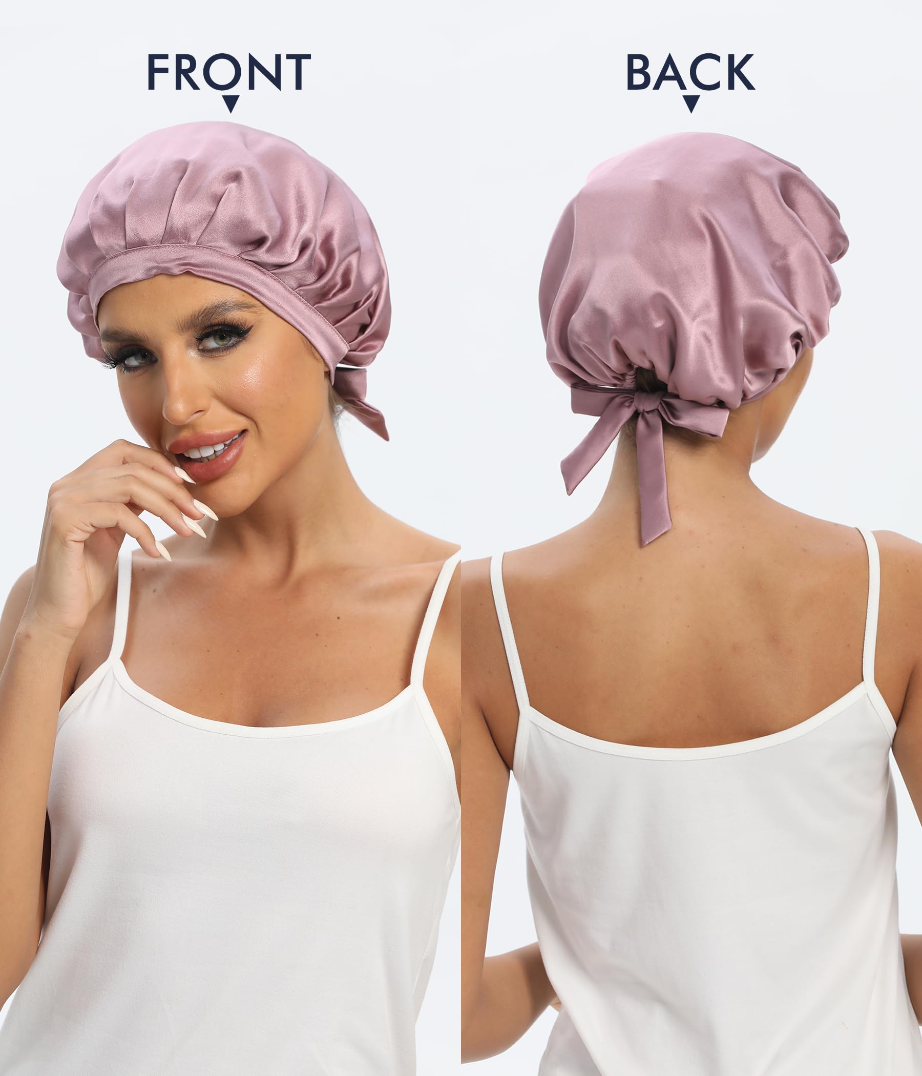 Cocheng Mulberry Silk Bonnet - Double-Sided Sleep Cap with Adjustable Ribbon, 19 Momme, Bean Pink