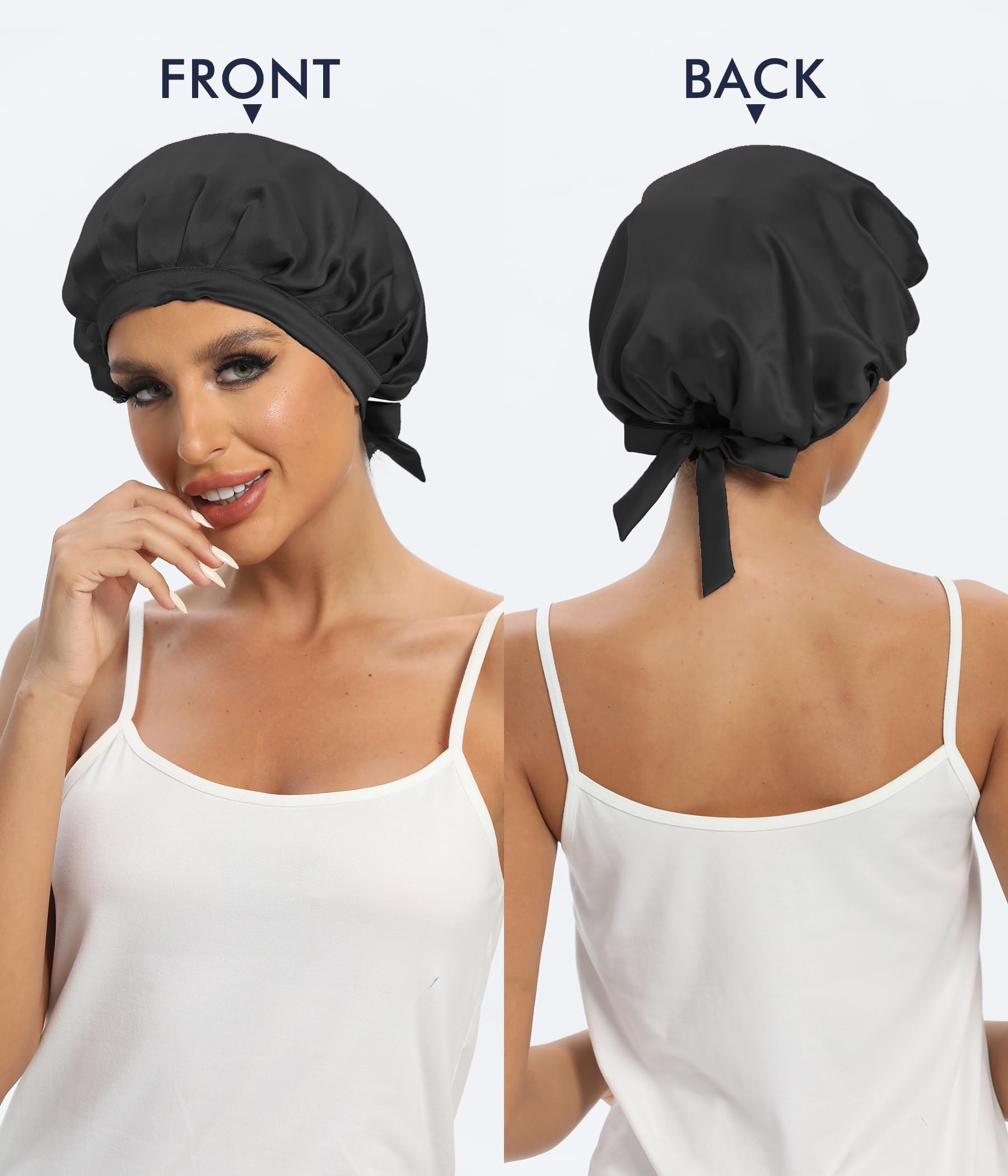 Cocheng 100% Mulberry Silk Bonnet - Double-Sided Sleep Cap with Adjustable Ribbon (19 Momme, Black)