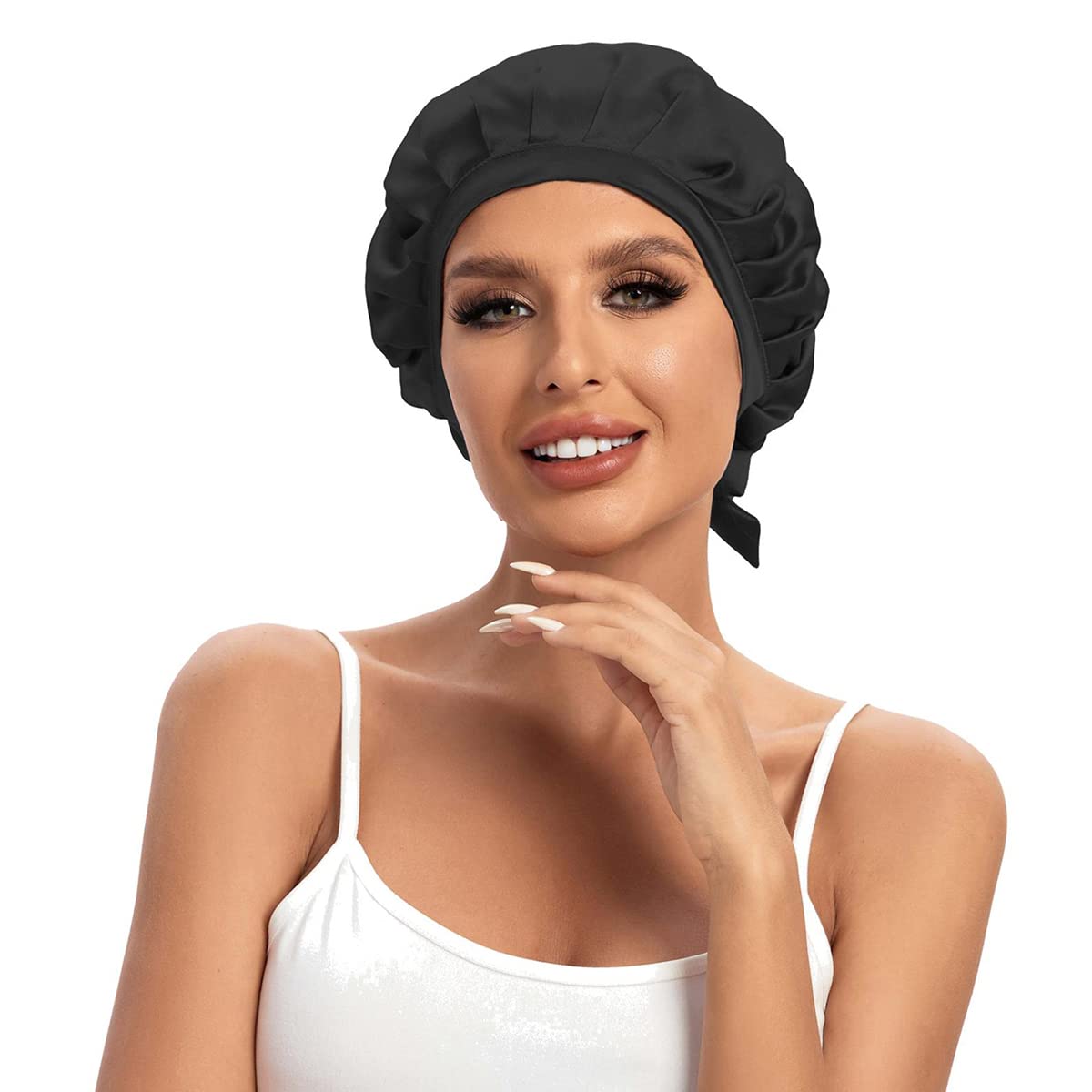 Cocheng 100% Mulberry Silk Bonnet - Double-Sided Sleep Cap with Adjustable Ribbon (19 Momme, Black)