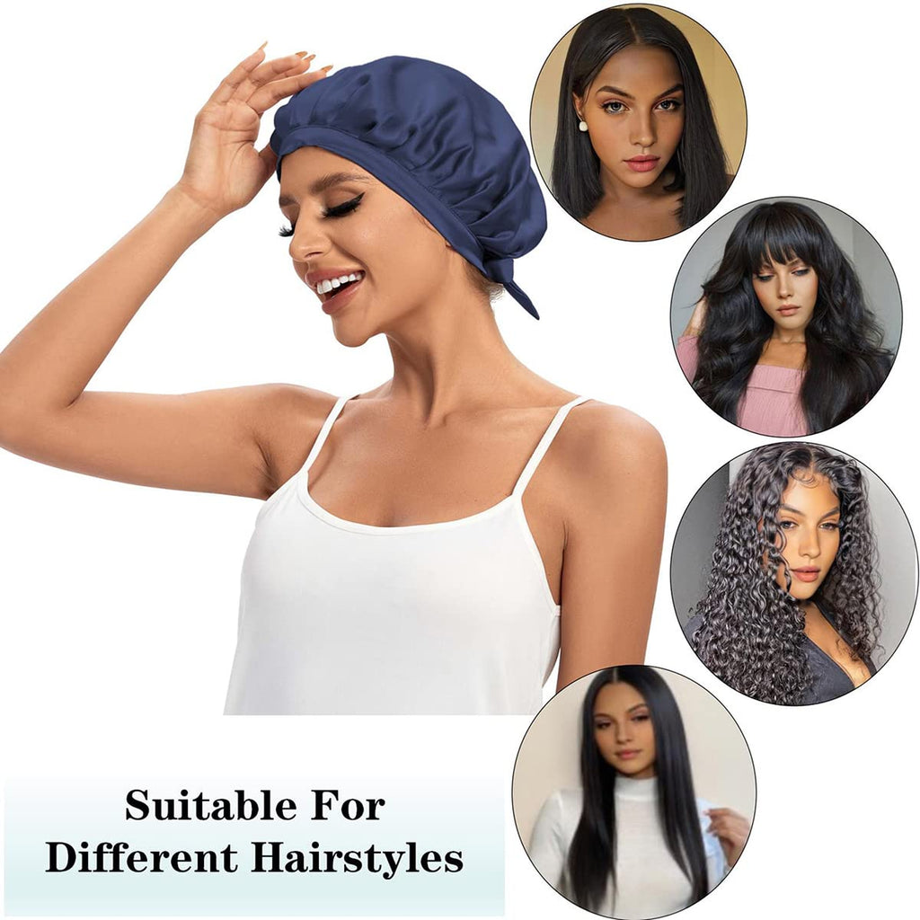 Cocheng 100% Mulberry Silk Bonnet for Sleeping — Double-Layer, 19 Momme, Navy