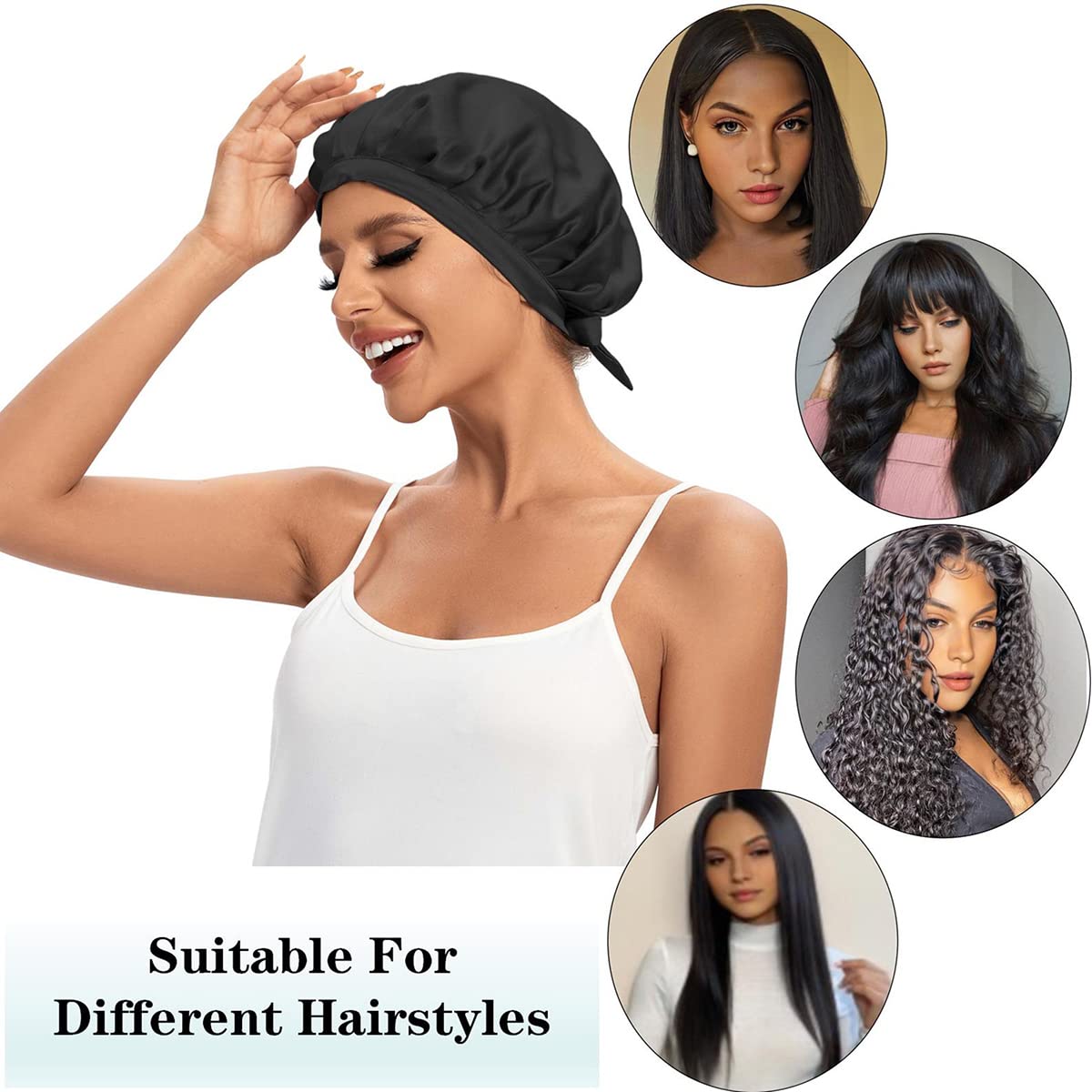 Cocheng 100% Mulberry Silk Bonnet - Double-Sided Sleep Cap with Adjustable Ribbon (19 Momme, Black)