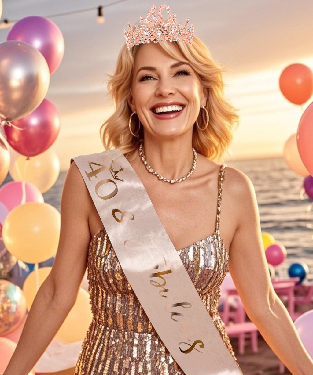 COCIDE 40th Birthday Sash, Crown & Decorations Set | Glitter Sash + Crystal Tiara