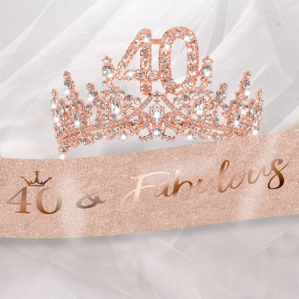 COCIDE 40th Birthday Sash, Crown & Decorations Set | Glitter Sash + Crystal Tiara