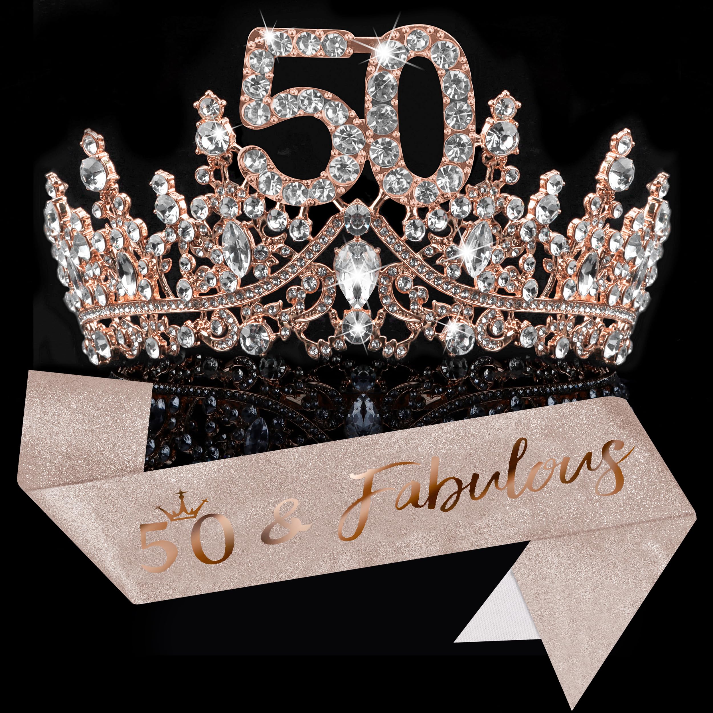 COCIDE 50th Birthday Sash, Crown & Decorations – Glitter Sash + Rhinestone Tiara Set