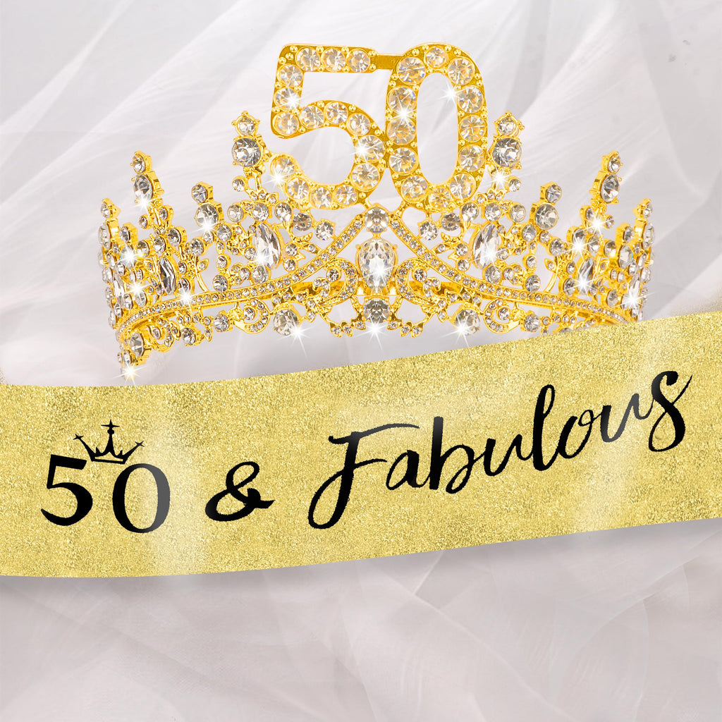 COCIDE 50th Birthday Sash, Crown & Decorations Set | Glitter Sash & Tiara for Women & Girls