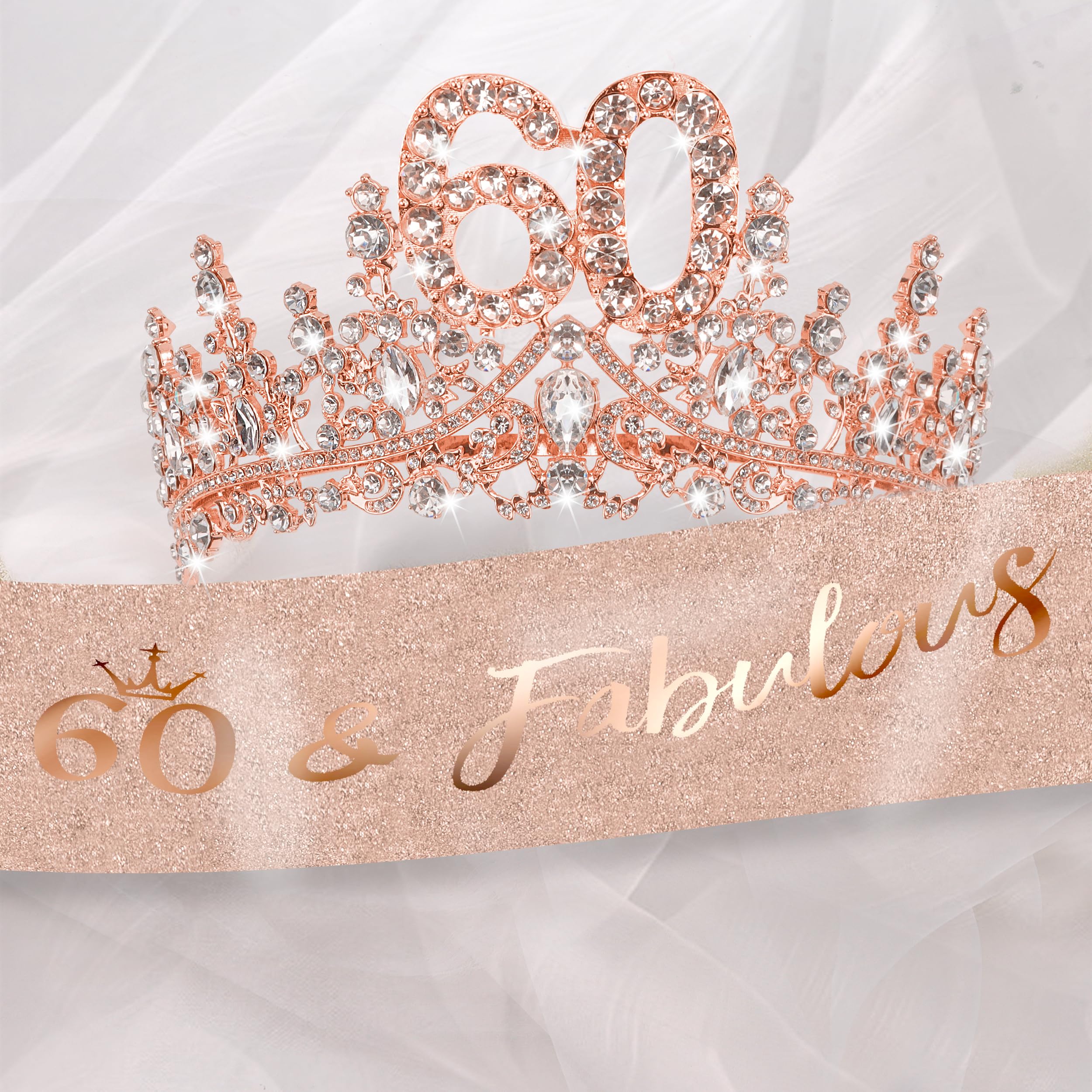 COCIDE 60th Birthday Sash, Crown & Decorations Set - Glitter Sash, Crystal Tiara for Women & Girls