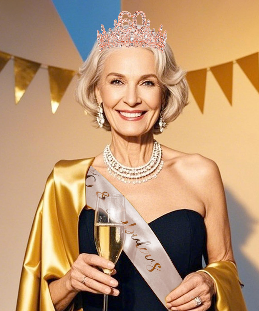 COCIDE 60th Birthday Sash, Crown & Decorations Set - Glitter Sash, Crystal Tiara for Women & Girls
