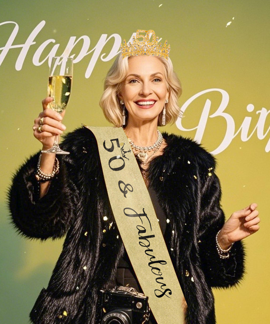 COCIDE 50th Birthday Sash, Crown & Decorations Set | Glitter Sash & Tiara for Women & Girls