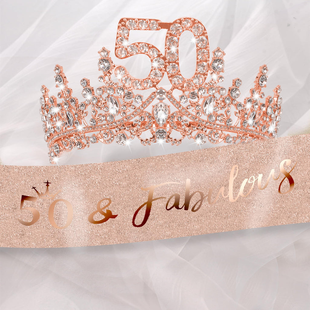 COCIDE 50th Birthday Sash, Crown & Decorations – Glitter Sash + Rhinestone Tiara Set