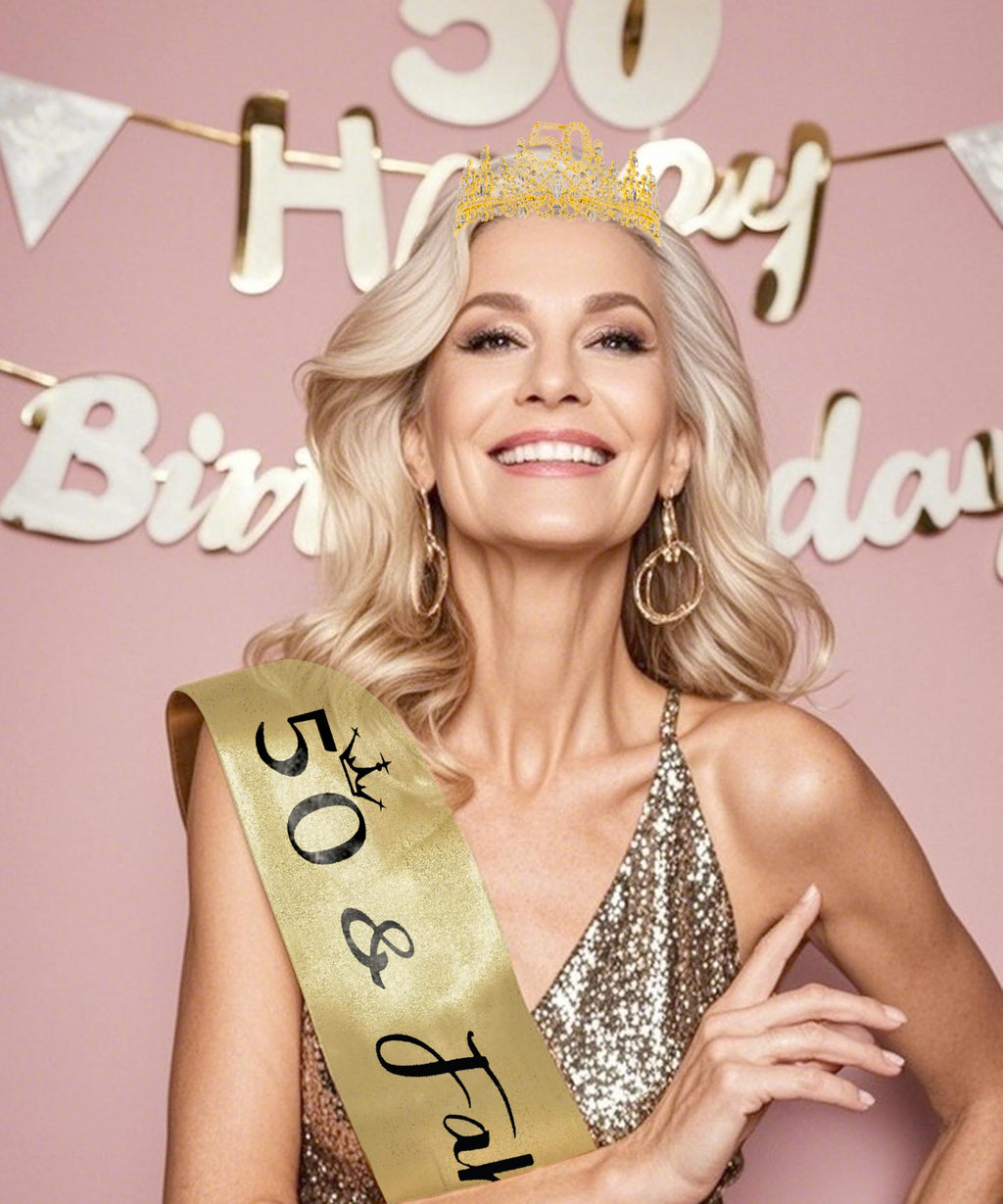 COCIDE 50th Birthday Sash, Crown & Decorations Set | Glitter Sash & Tiara for Women & Girls