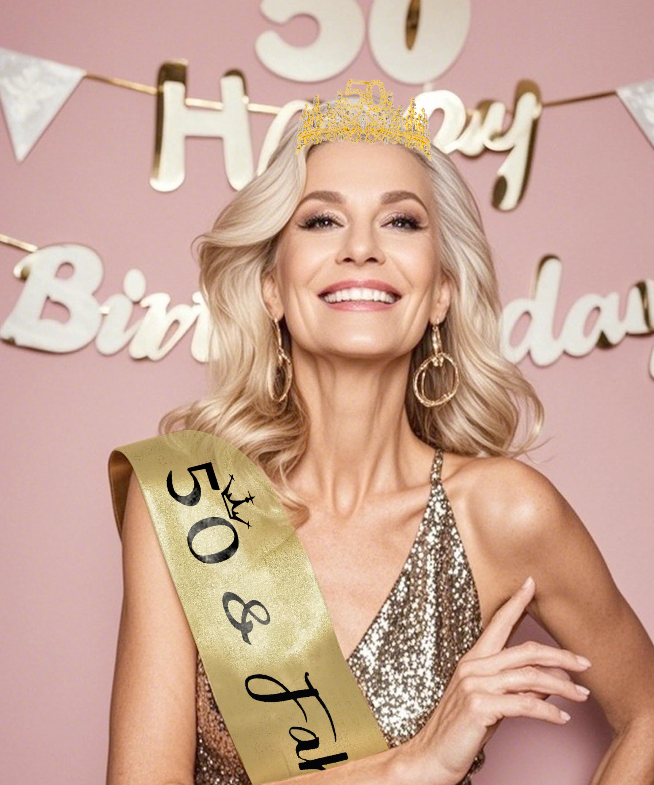 COCIDE 50th Birthday Sash, Crown & Decorations Set | Glitter Sash & Tiara for Women & Girls