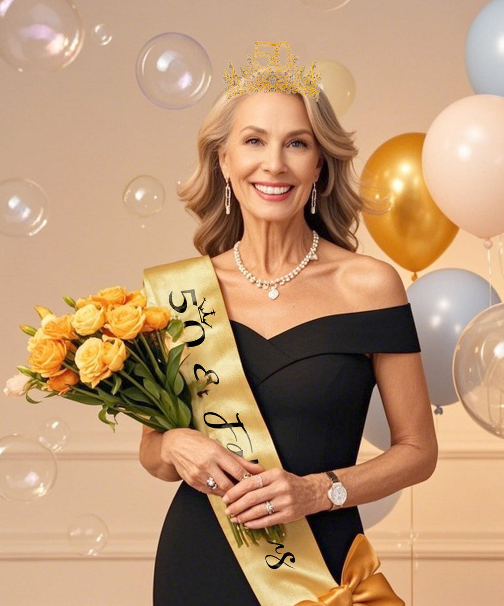 COCIDE 50th Birthday Sash, Crown & Decorations Set | Glitter Sash & Tiara for Women & Girls