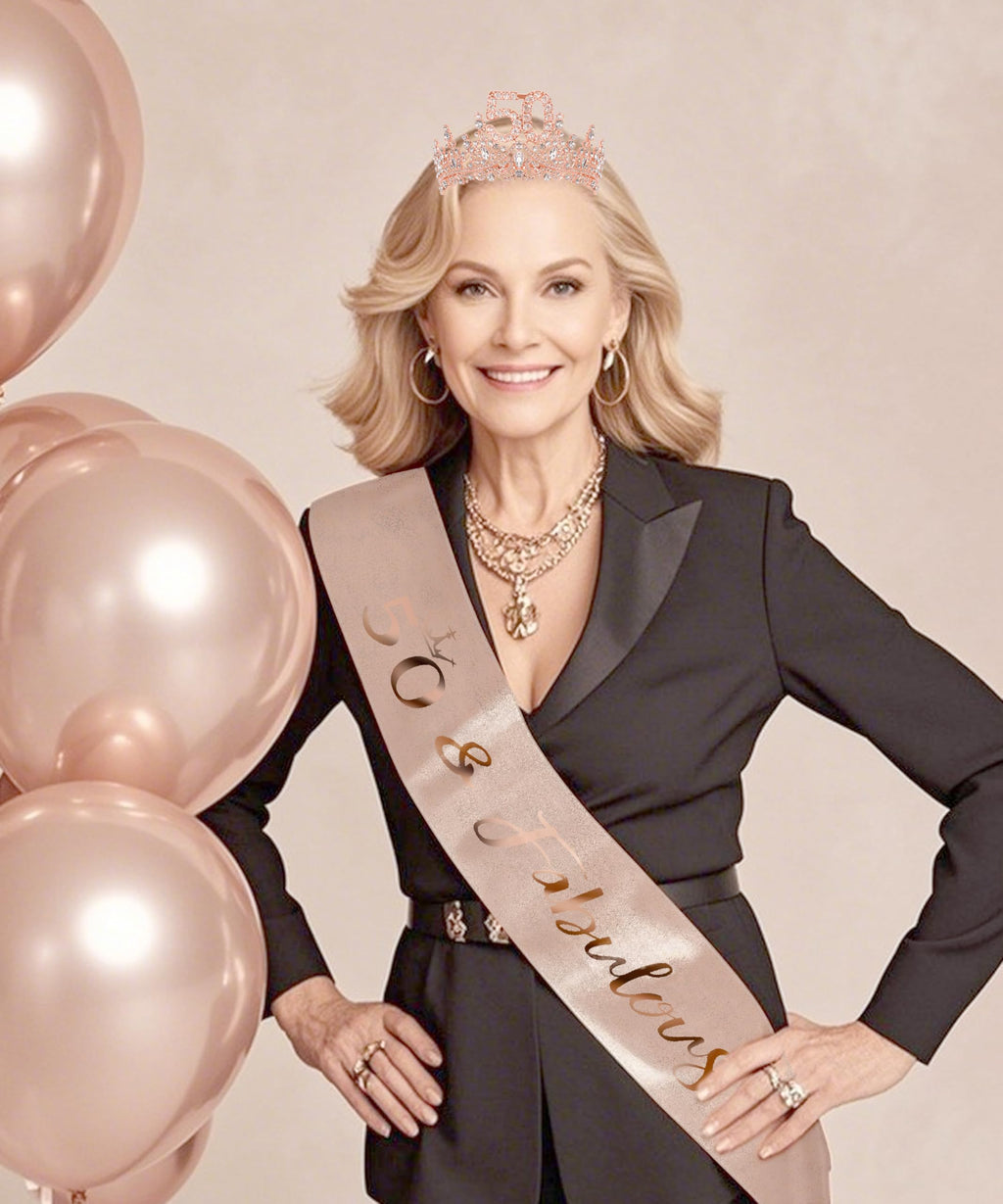 COCIDE 50th Birthday Sash, Crown & Decorations – Glitter Sash + Rhinestone Tiara Set
