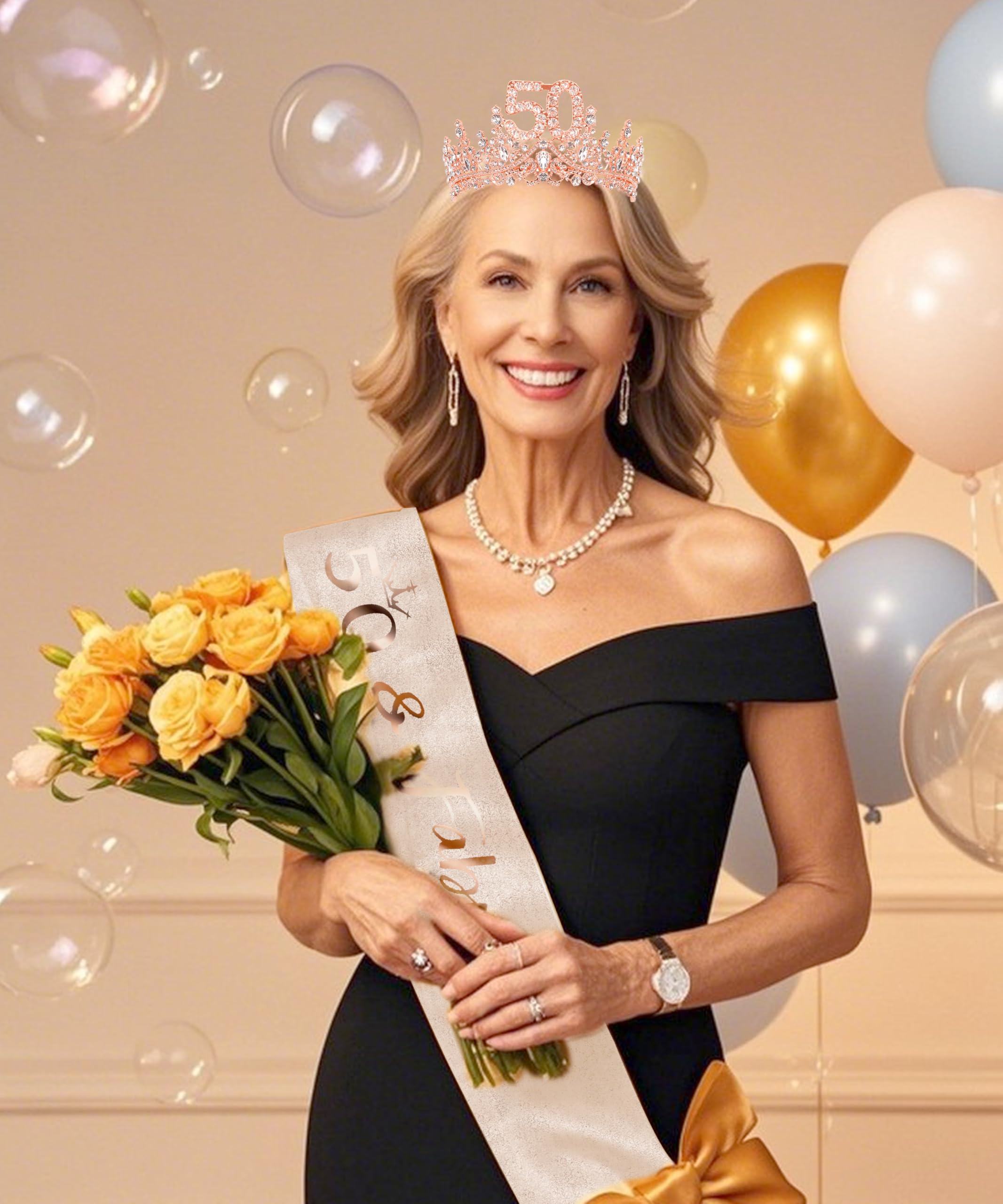 COCIDE 50th Birthday Sash, Crown & Decorations – Glitter Sash + Rhinestone Tiara Set