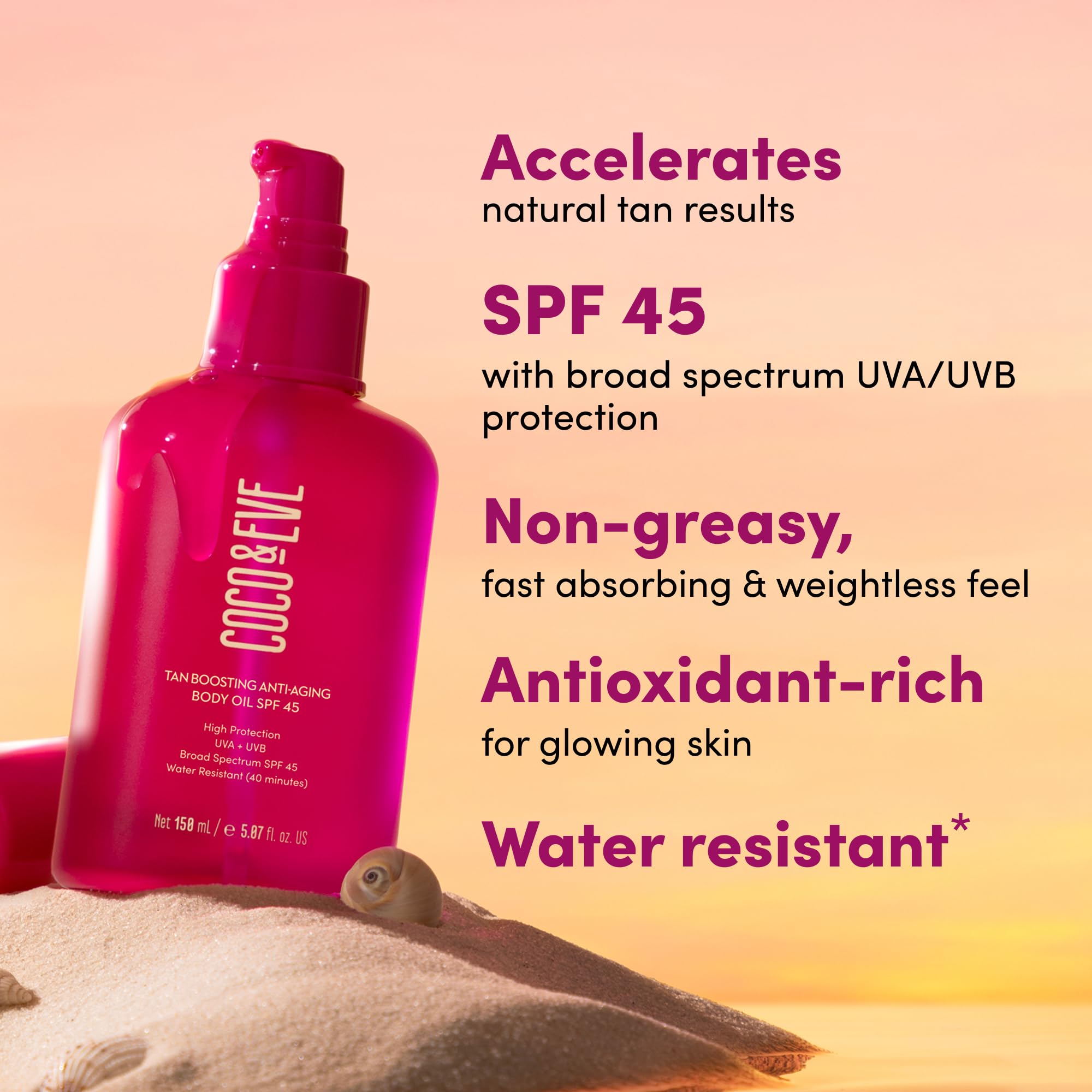 Coco & Eve Tan Boosting Anti-Aging Body Oil SPF45 - Tanning Accelerator with UVA/UVB Protection | 5.07 Fl Oz